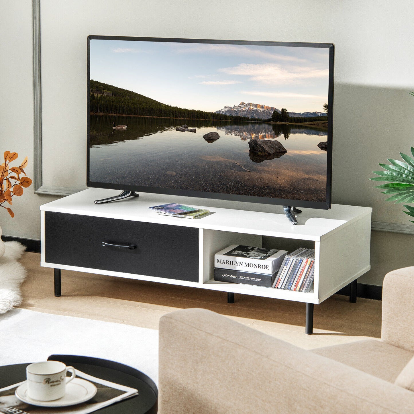 Modern Coffee Table with Drawer and Open Shelf Storage Two Tier Accent Table
