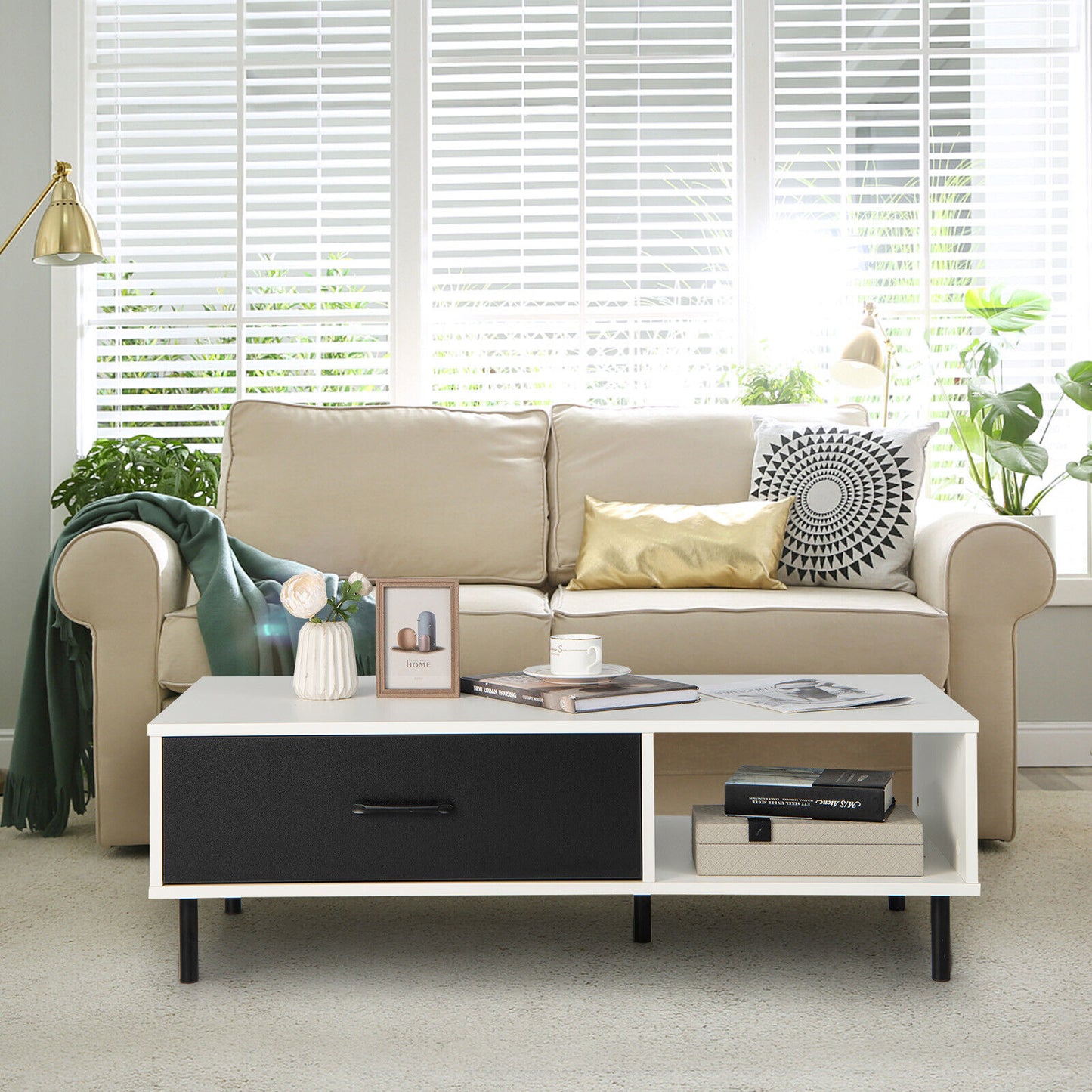 Modern Coffee Table with Drawer and Open Shelf Storage Two Tier Accent Table