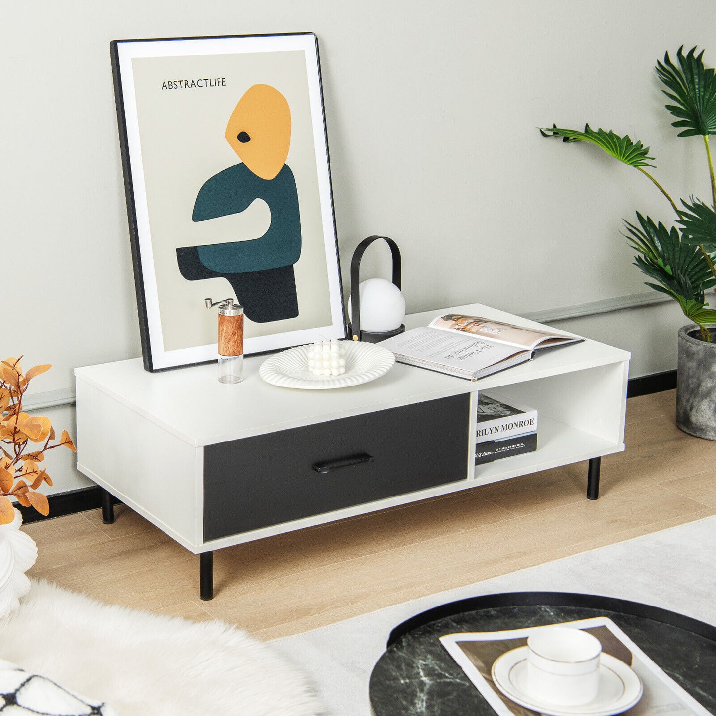 Modern Coffee Table with Drawer and Open Shelf Storage Two Tier Accent Table
