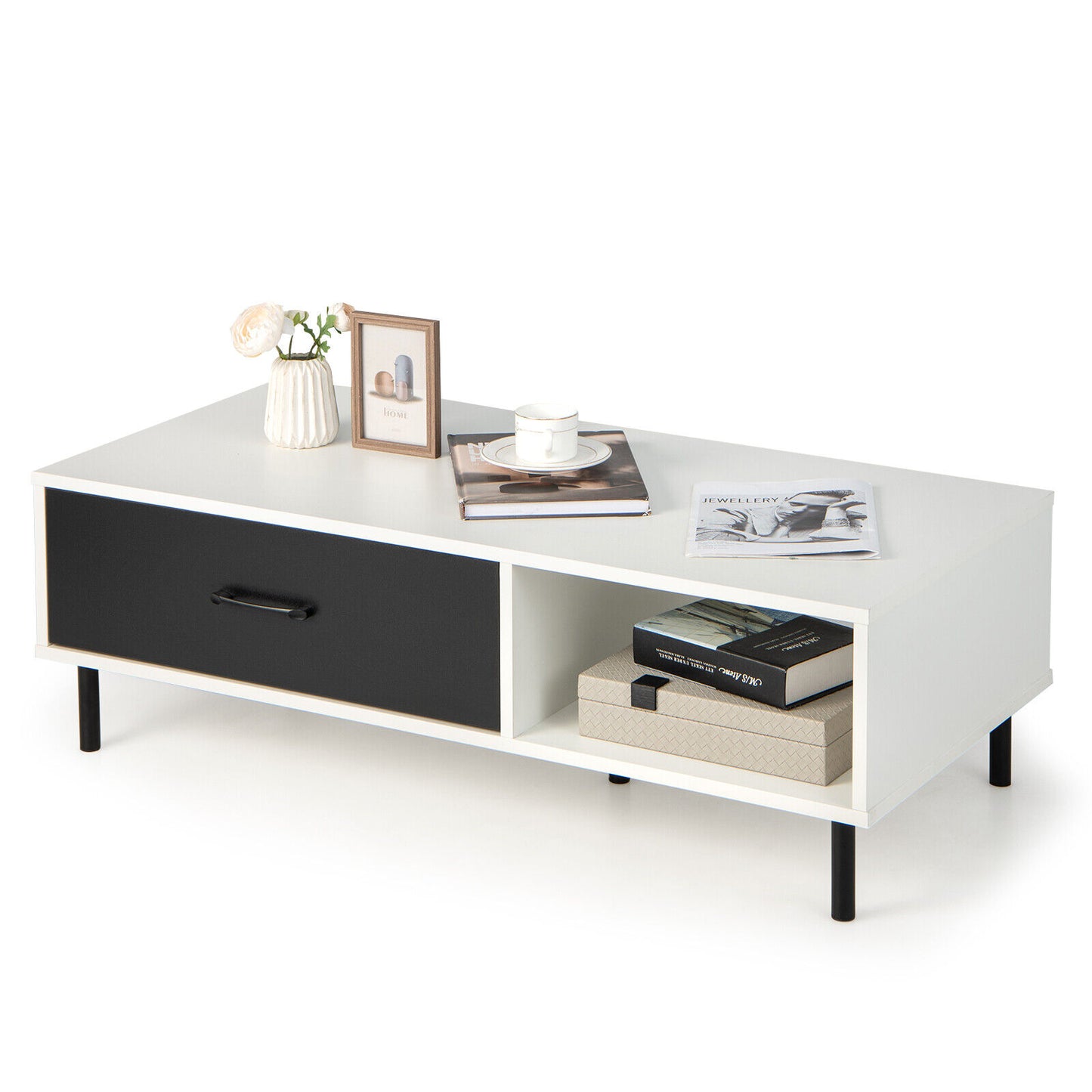 Modern Coffee Table with Drawer and Open Shelf Storage Two Tier Accent Table