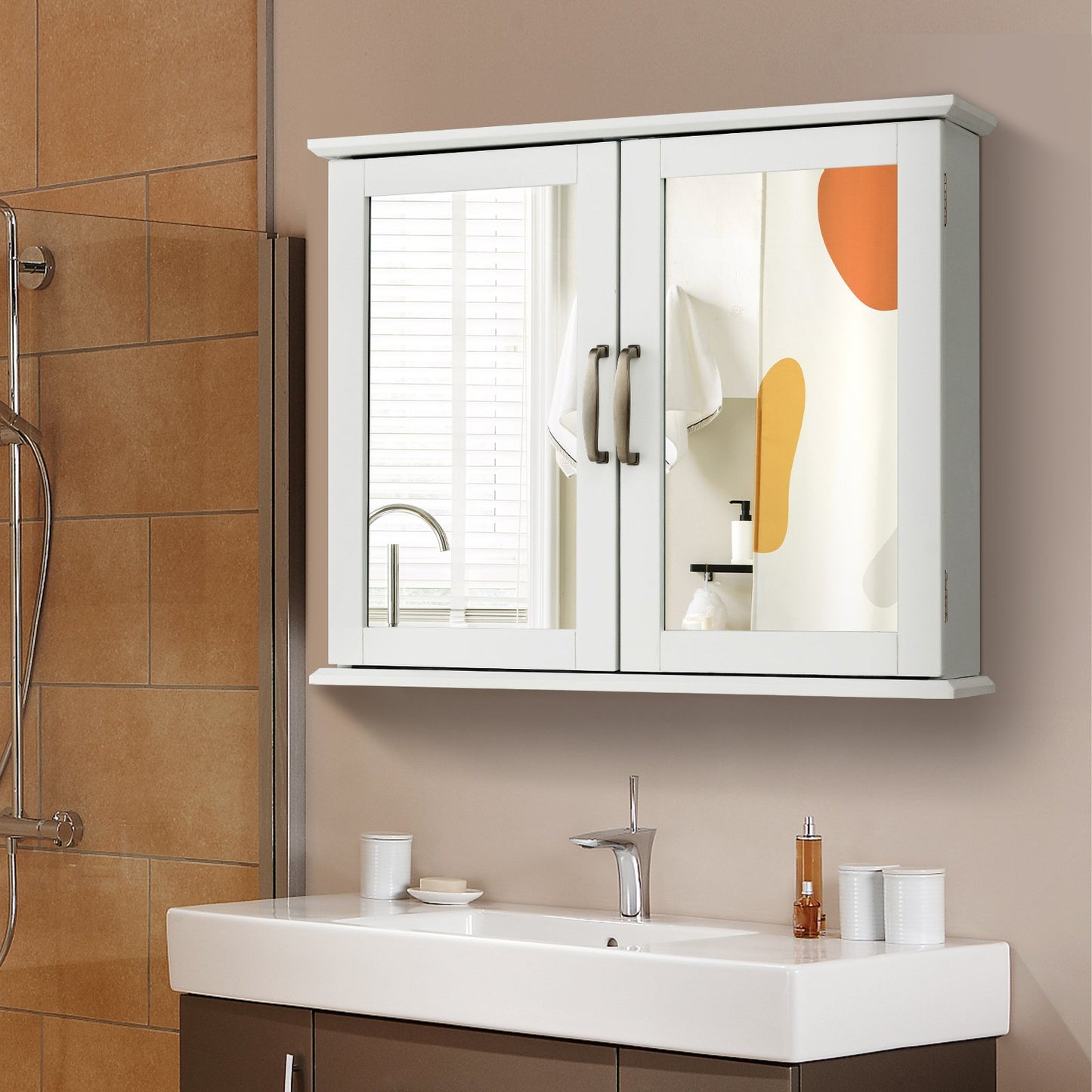 Wall-Mounted 2 Tier Medicine Cabinet with Mirrors & Handles for Bathroom Storage
