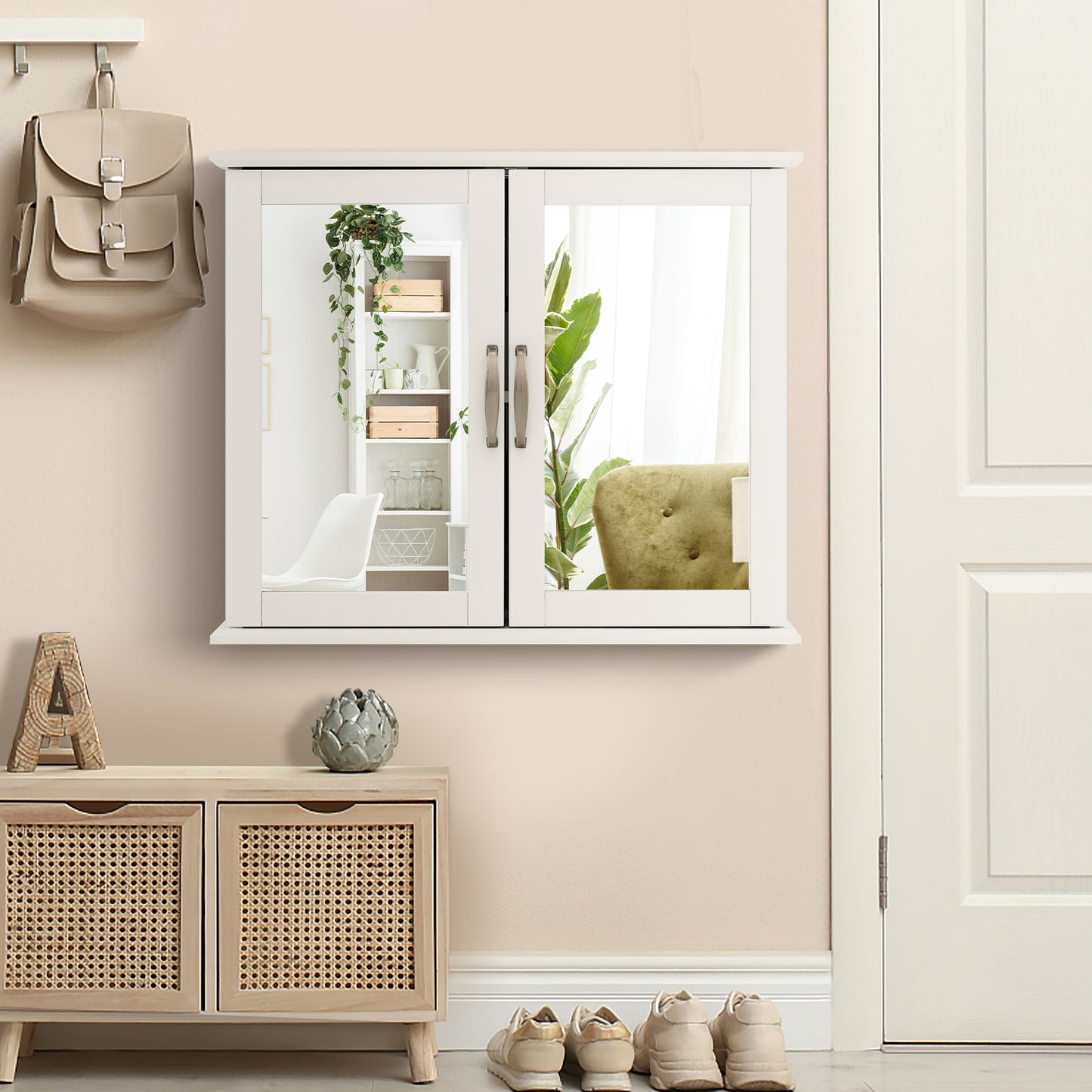 Wall-Mounted 2 Tier Medicine Cabinet with Mirrors & Handles for Bathroom Storage