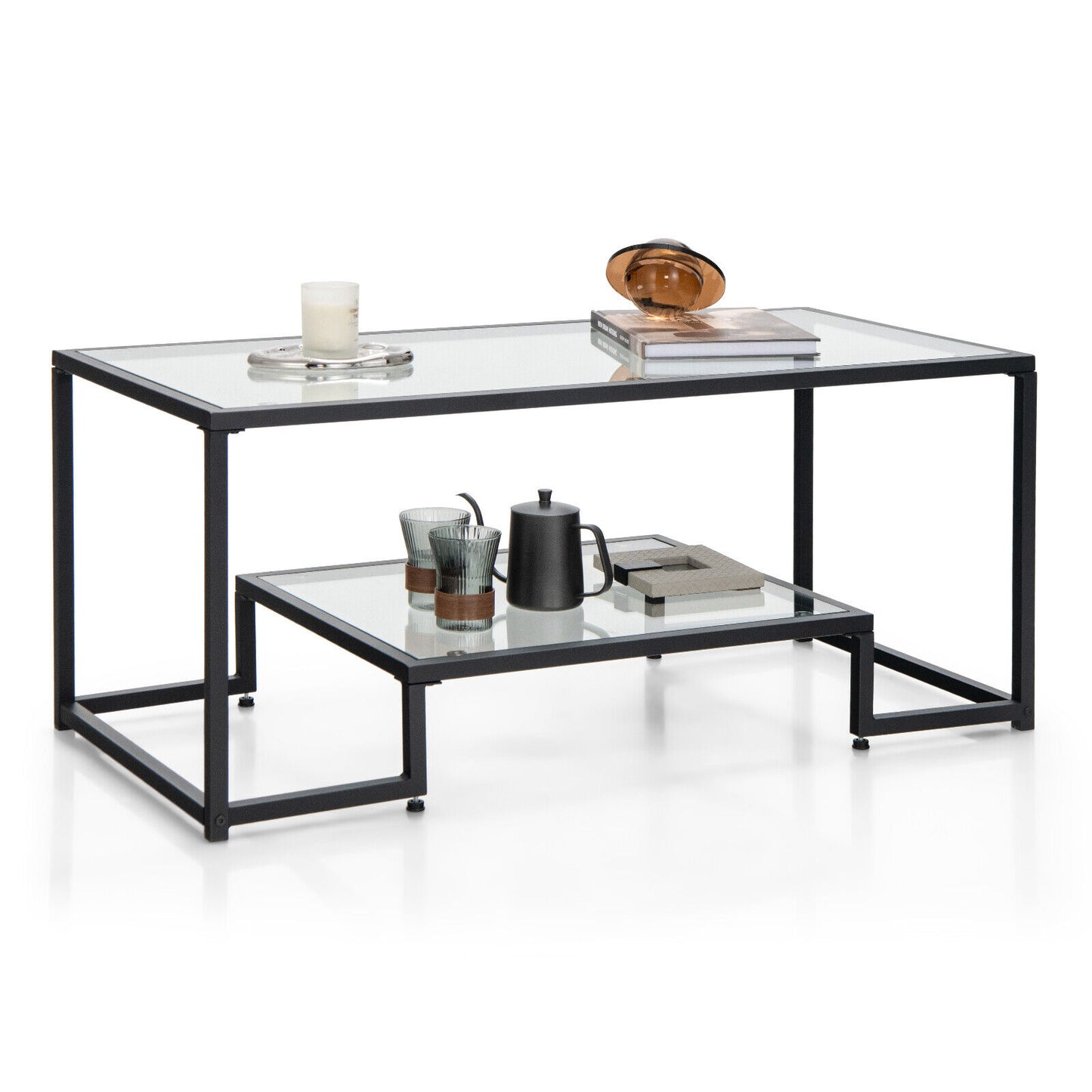 Modern Glass Coffee Table with 2-Tier Storage and Black Steel Frame