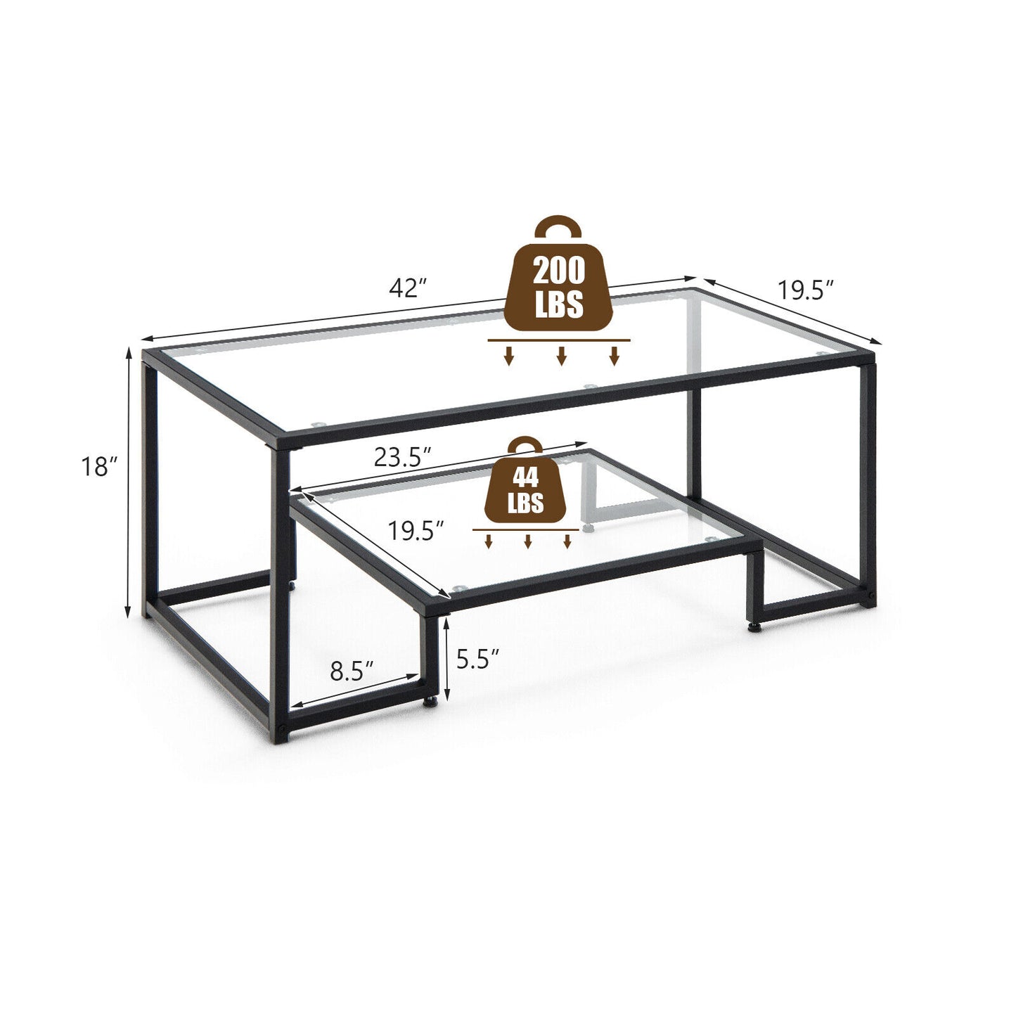 Modern Glass Coffee Table with 2-Tier Storage and Black Steel Frame