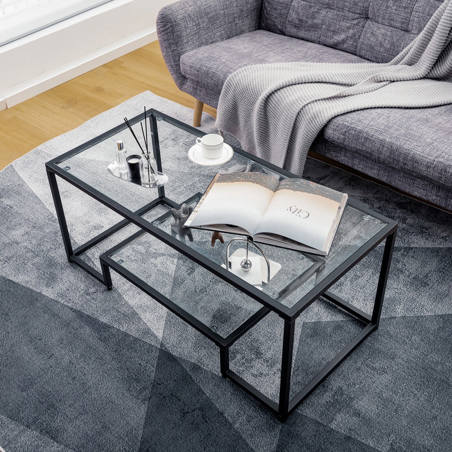 Modern Glass Coffee Table with 2-Tier Storage and Black Steel Frame