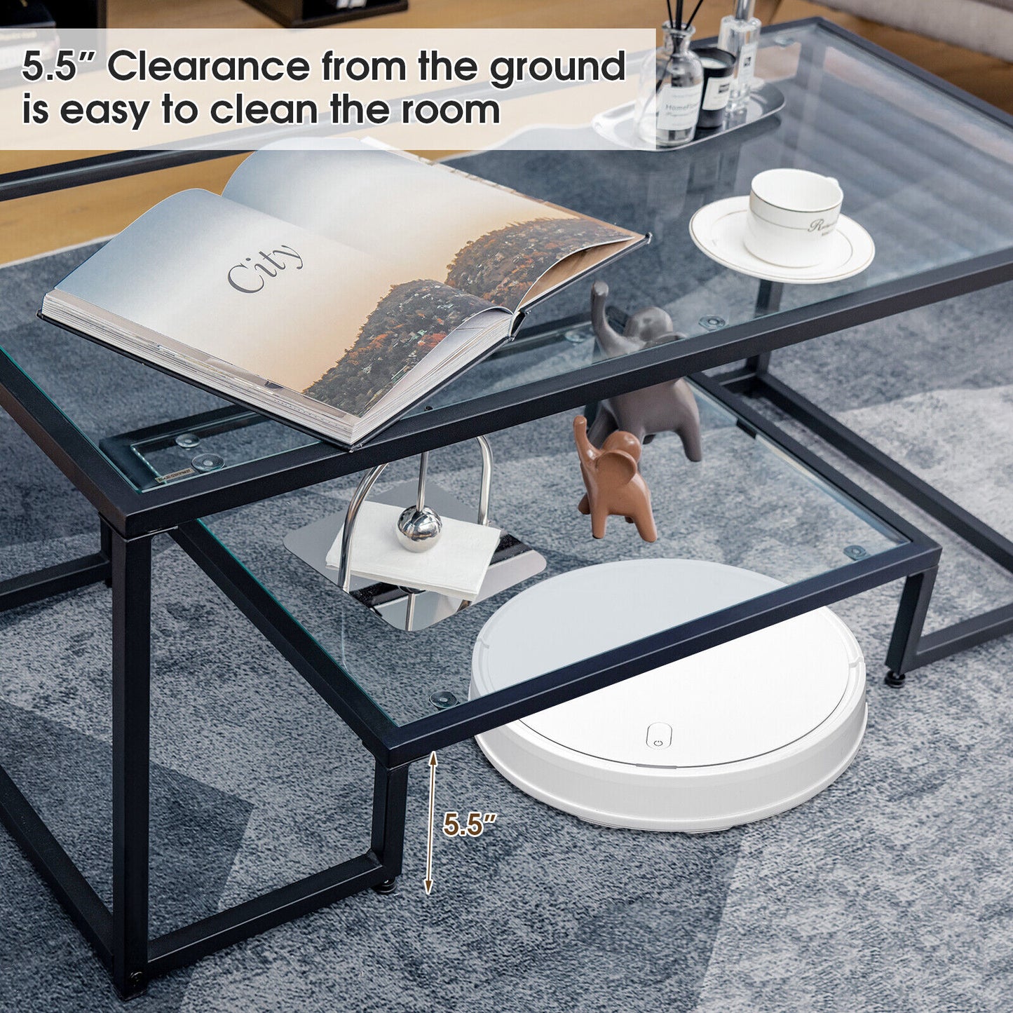 Modern Glass Coffee Table with 2-Tier Storage and Black Steel Frame