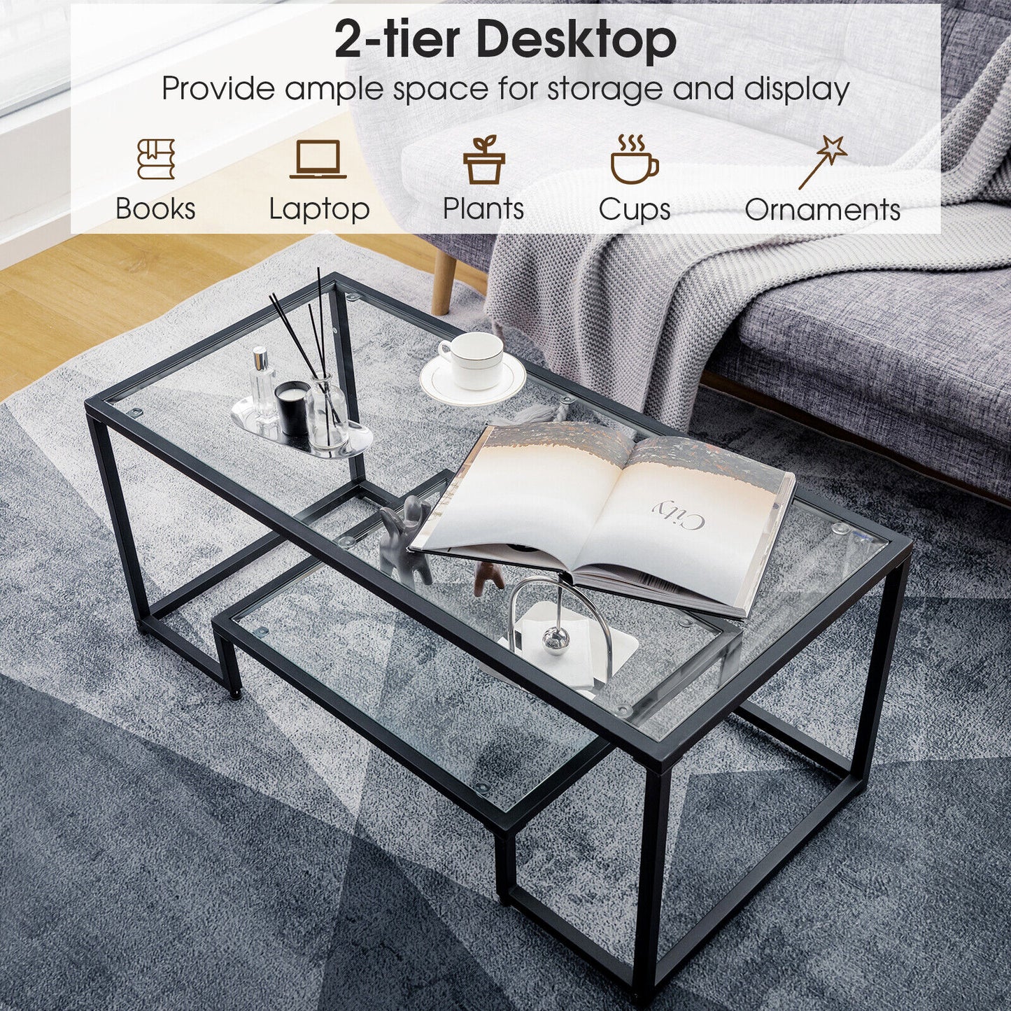 Modern Glass Coffee Table with 2-Tier Storage and Black Steel Frame