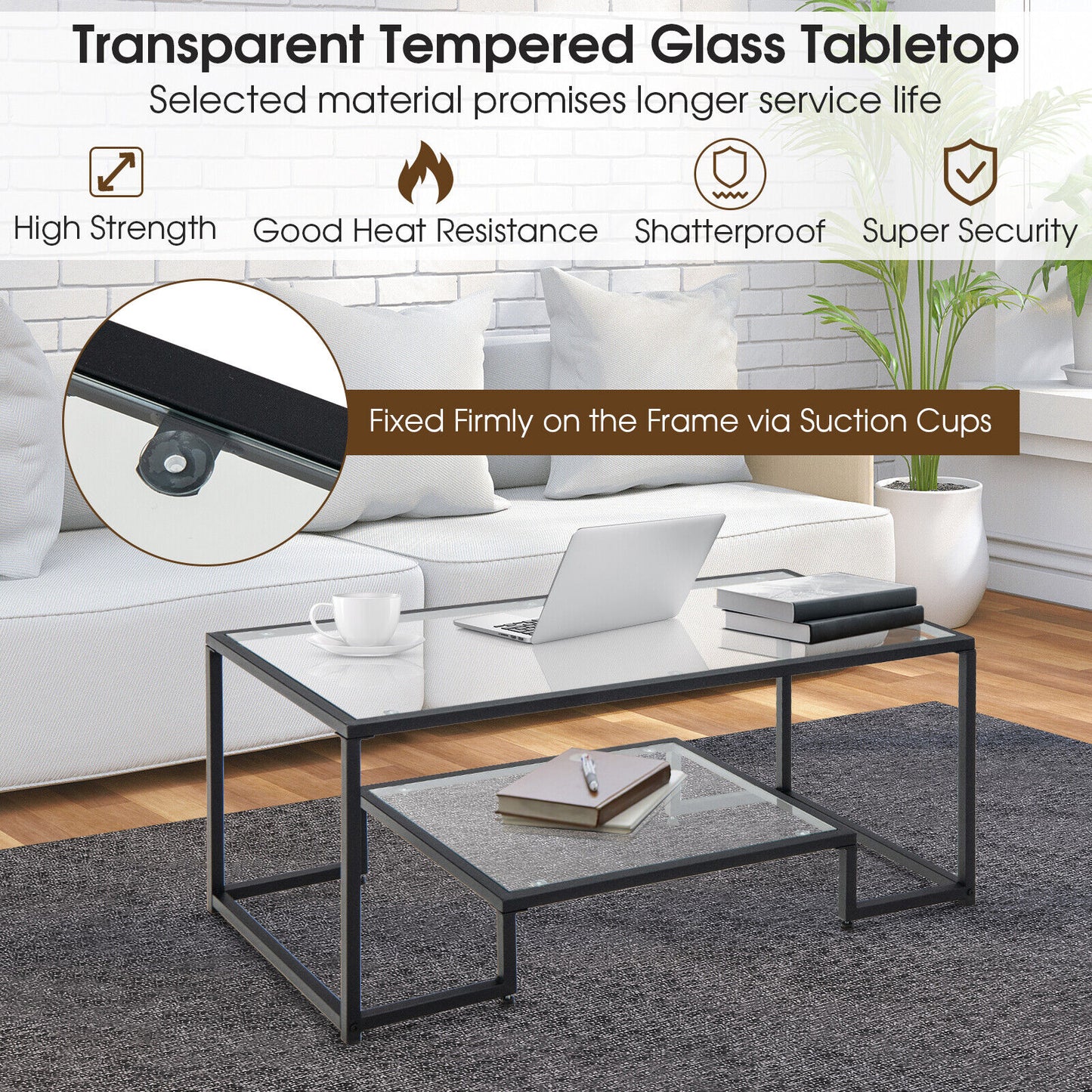 Modern Glass Coffee Table with 2-Tier Storage and Black Steel Frame