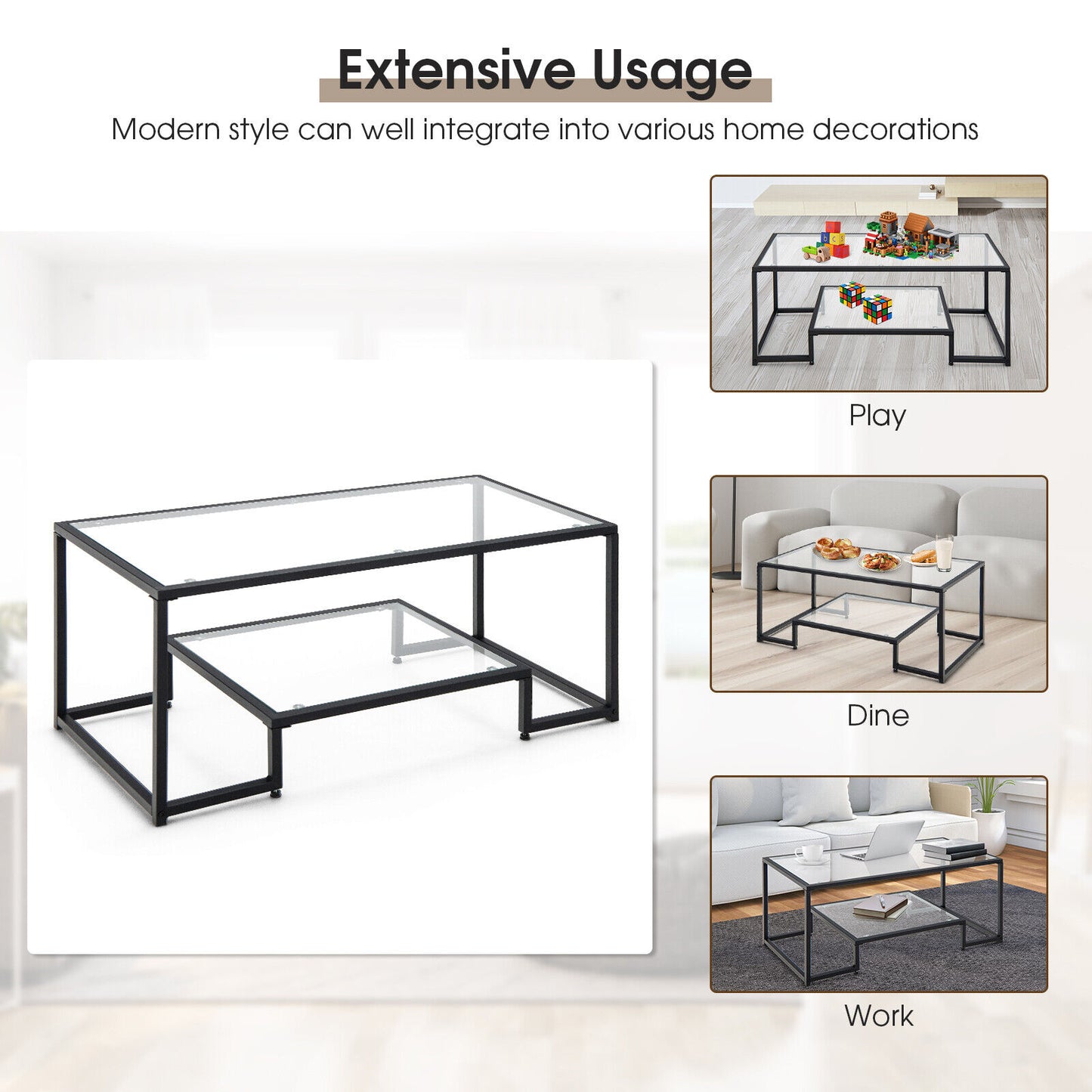 Modern Glass Coffee Table with 2-Tier Storage and Black Steel Frame