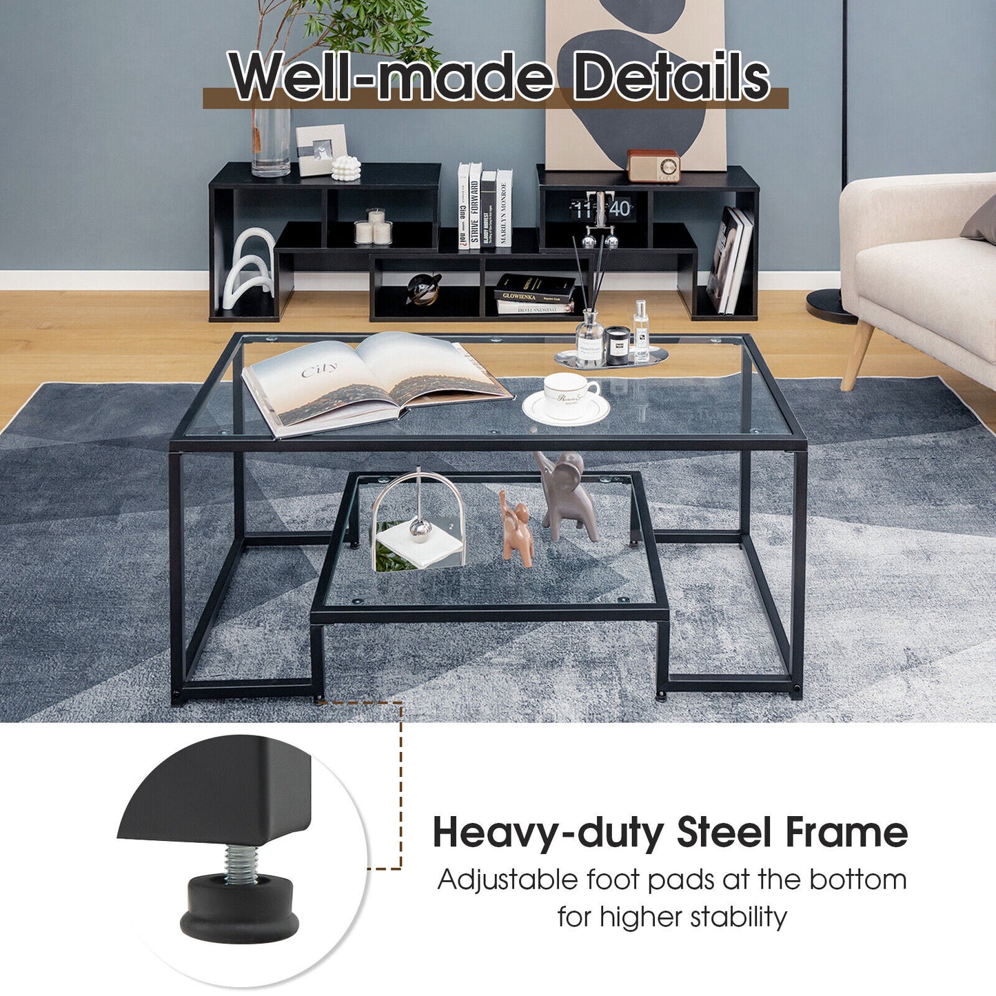 Modern Glass Coffee Table with 2-Tier Storage and Black Steel Frame