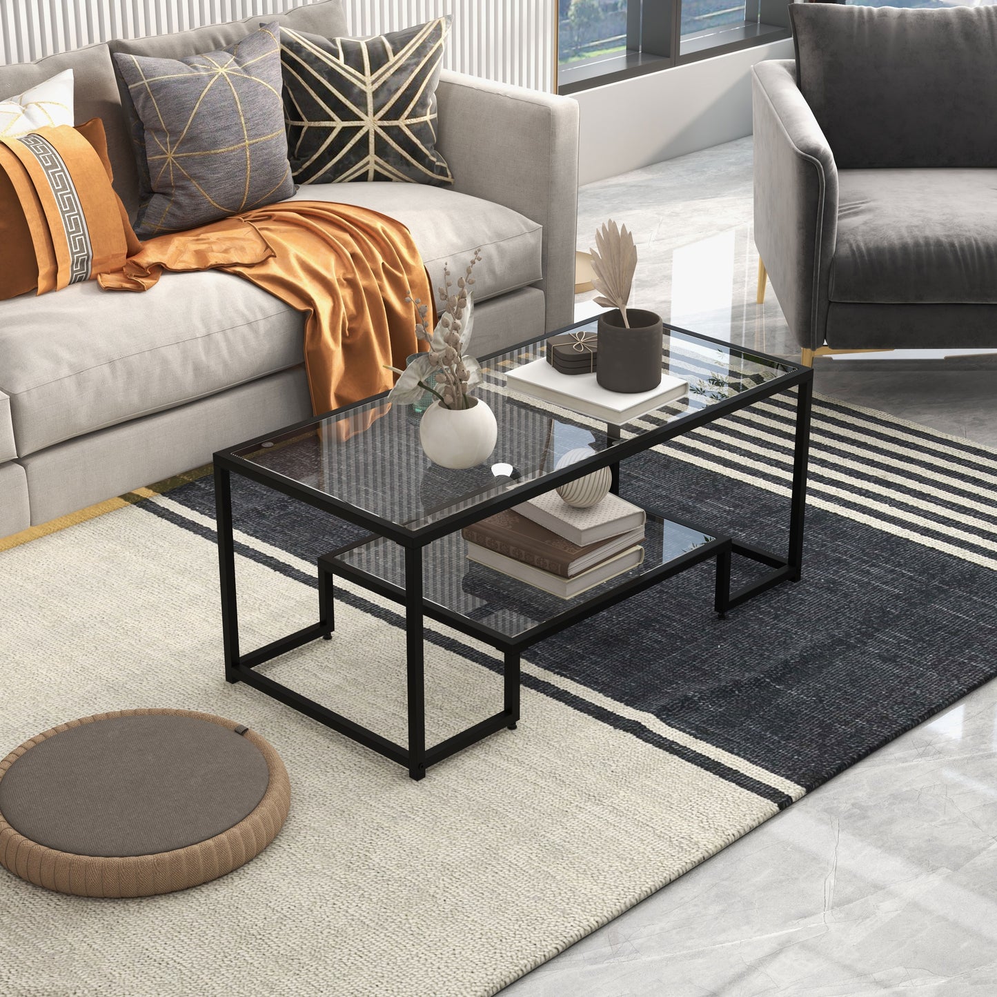 Modern Glass Coffee Table with 2-Tier Storage and Black Steel Frame