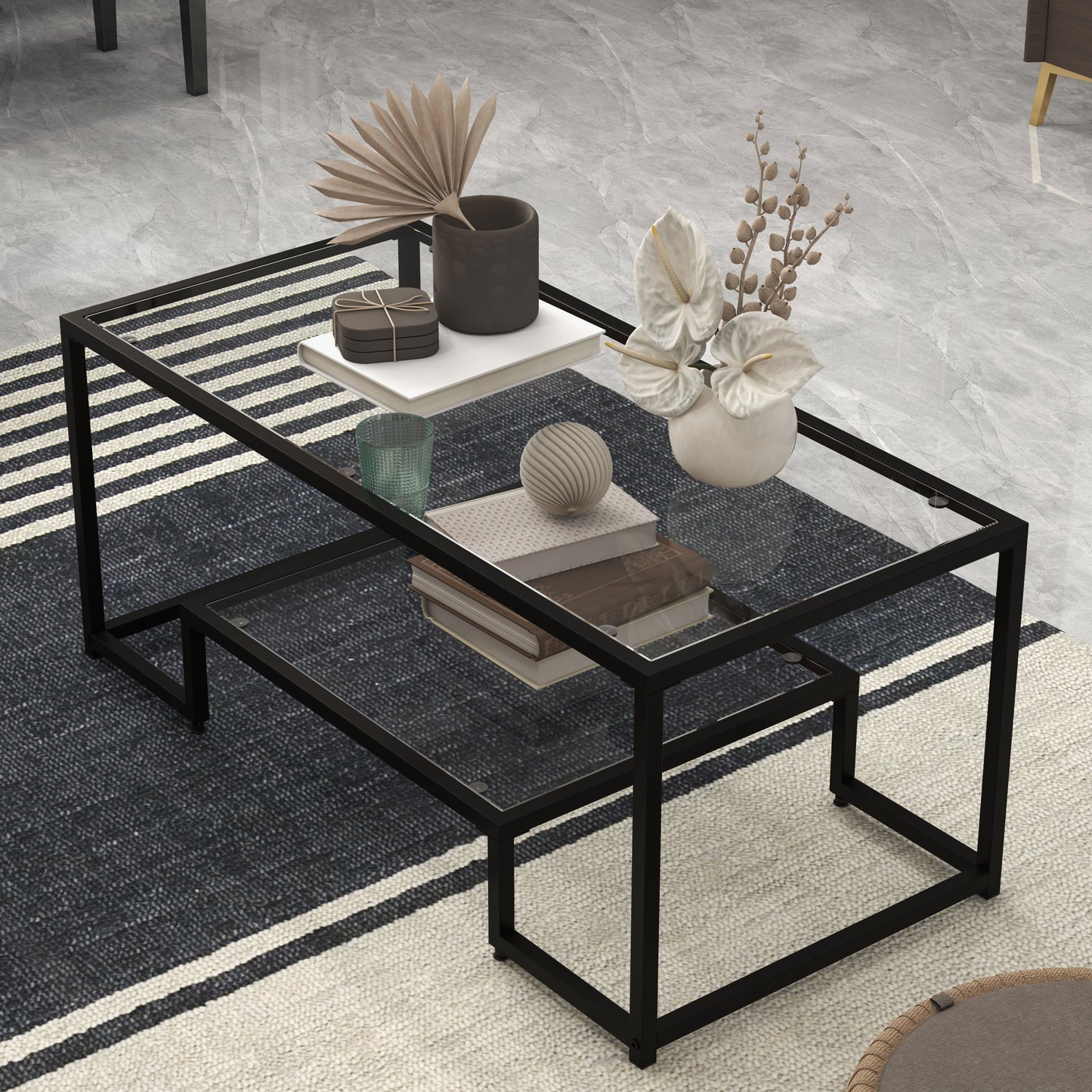Modern Glass Coffee Table with 2-Tier Storage and Black Steel Frame