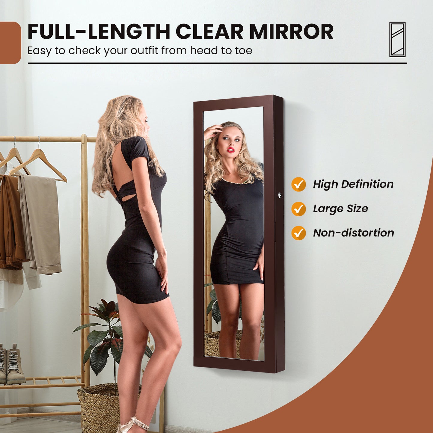 Lockable Wall-Mounted Jewelry Cabinet with Full-Length Mirror, LED Lights & Adjustable Storage – Brown