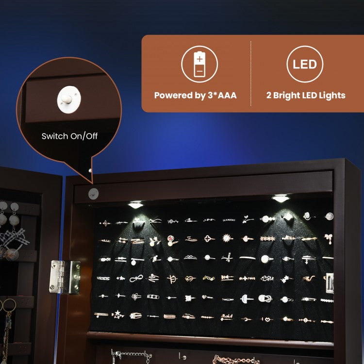 Lockable Wall-Mounted Jewelry Cabinet with Full-Length Mirror, LED Lights & Adjustable Storage – Brown