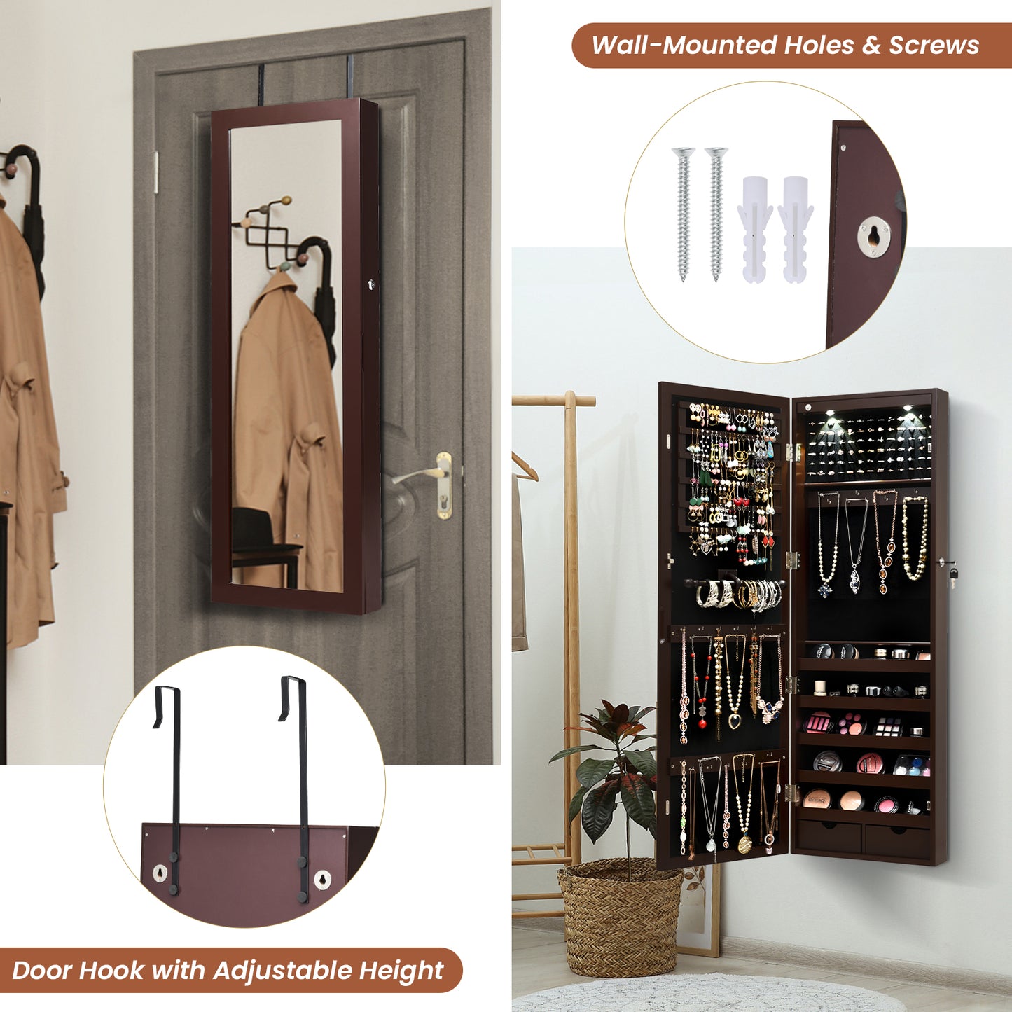 Lockable Wall-Mounted Jewelry Cabinet with Full-Length Mirror, LED Lights & Adjustable Storage – Brown