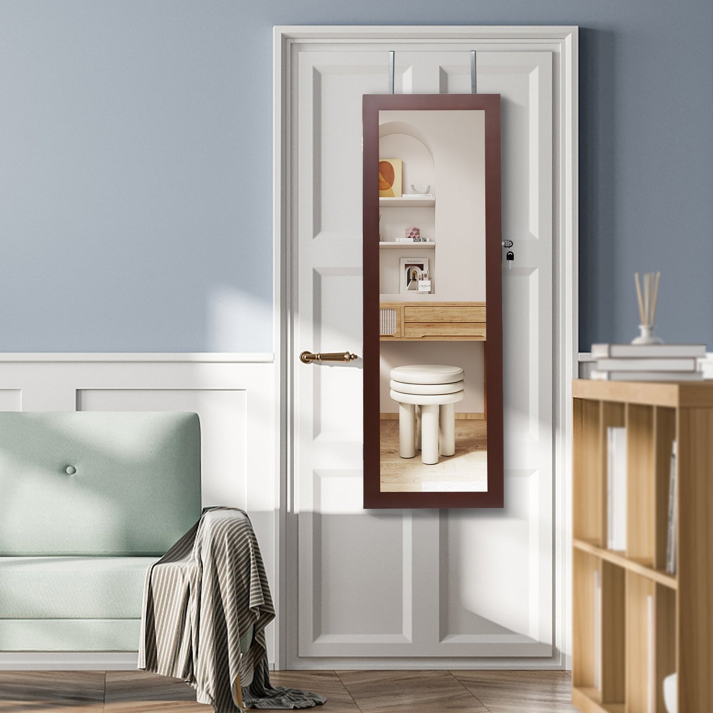 Lockable Wall-Mounted Jewelry Cabinet with Full-Length Mirror, LED Lights & Adjustable Storage – Brown