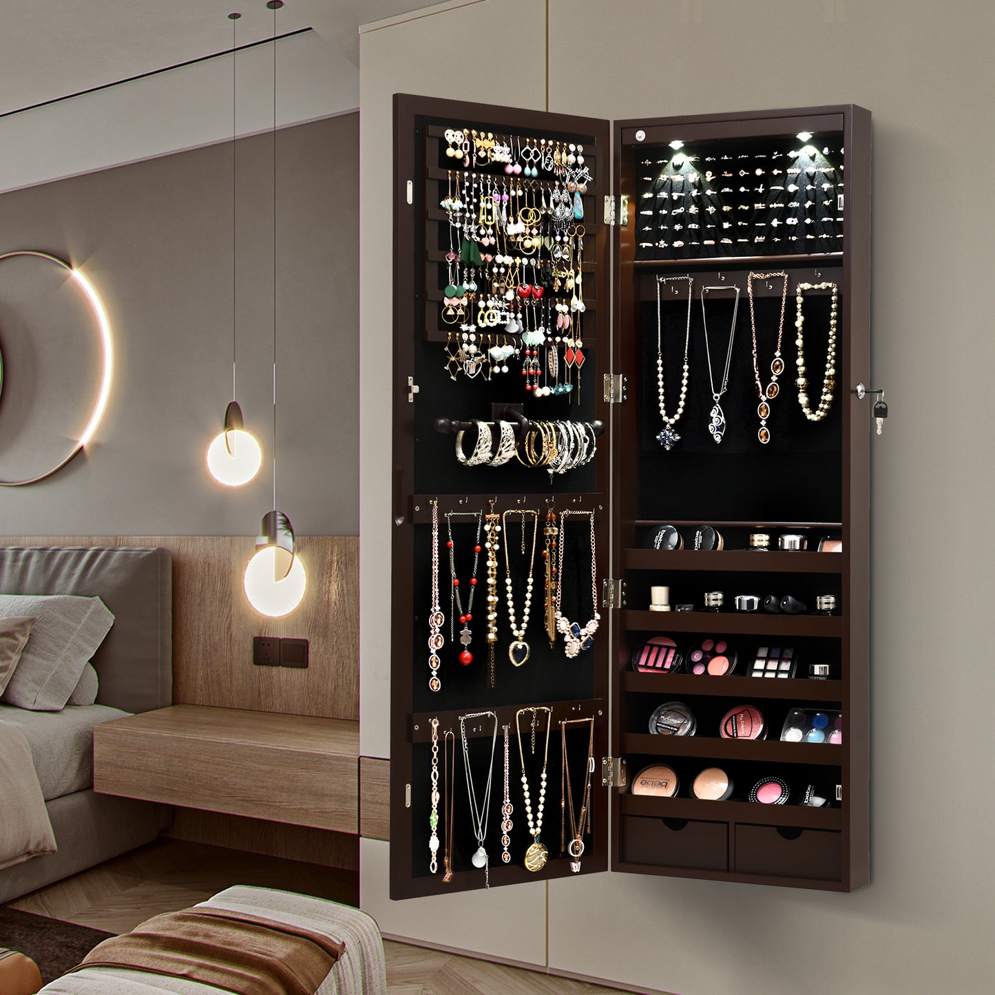 Lockable Wall-Mounted Jewelry Cabinet with Full-Length Mirror, LED Lights & Adjustable Storage – Brown