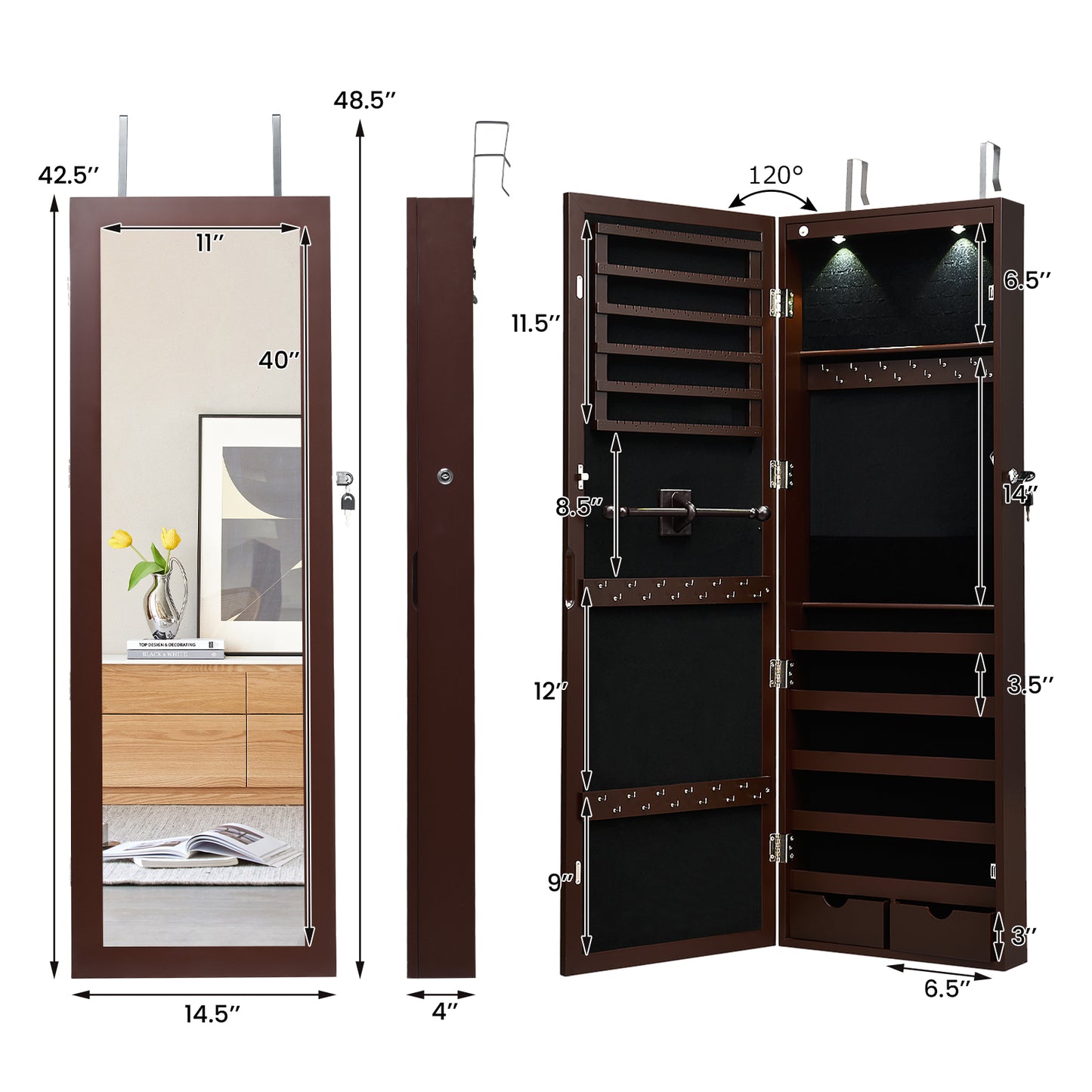 Lockable Wall-Mounted Jewelry Cabinet with Full-Length Mirror, LED Lights & Adjustable Storage – Brown