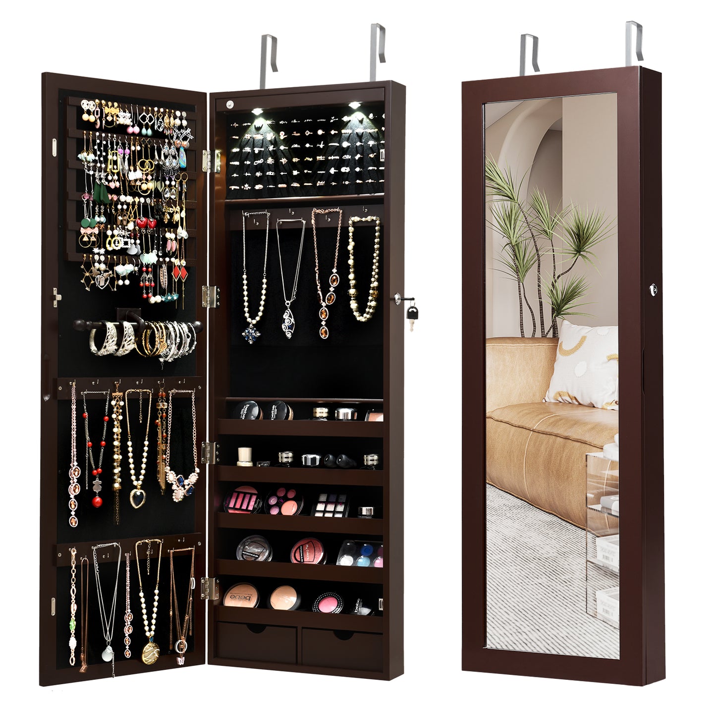 Lockable Wall-Mounted Jewelry Cabinet with Full-Length Mirror, LED Lights & Adjustable Storage – Brown