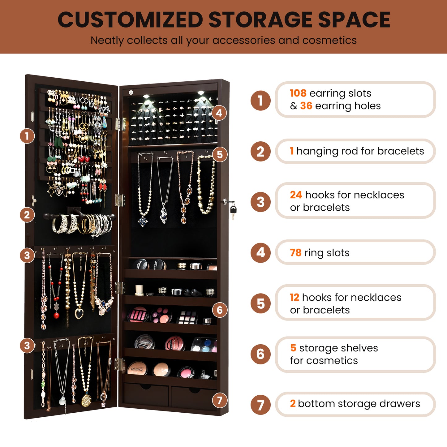 Lockable Wall-Mounted Jewelry Cabinet with Full-Length Mirror, LED Lights & Adjustable Storage – Brown