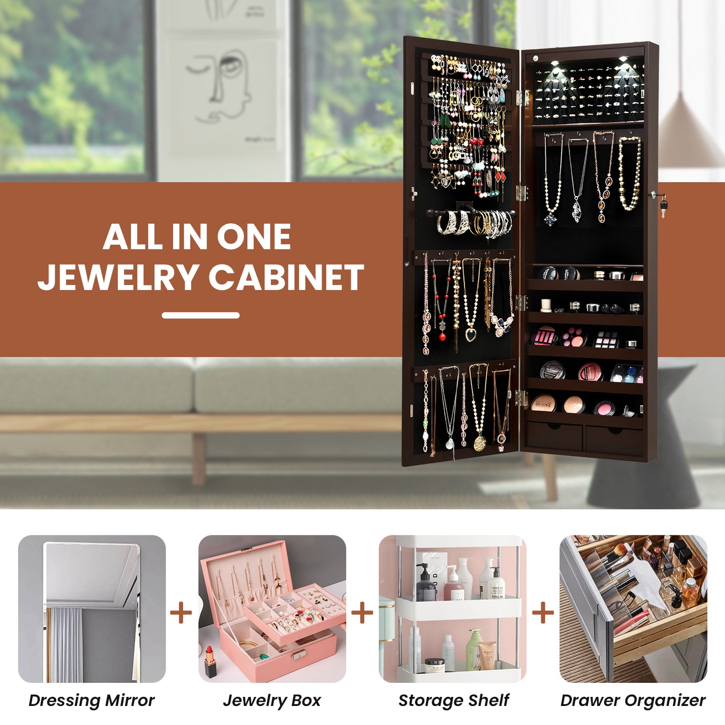 Lockable Wall-Mounted Jewelry Cabinet with Full-Length Mirror, LED Lights & Adjustable Storage – Brown