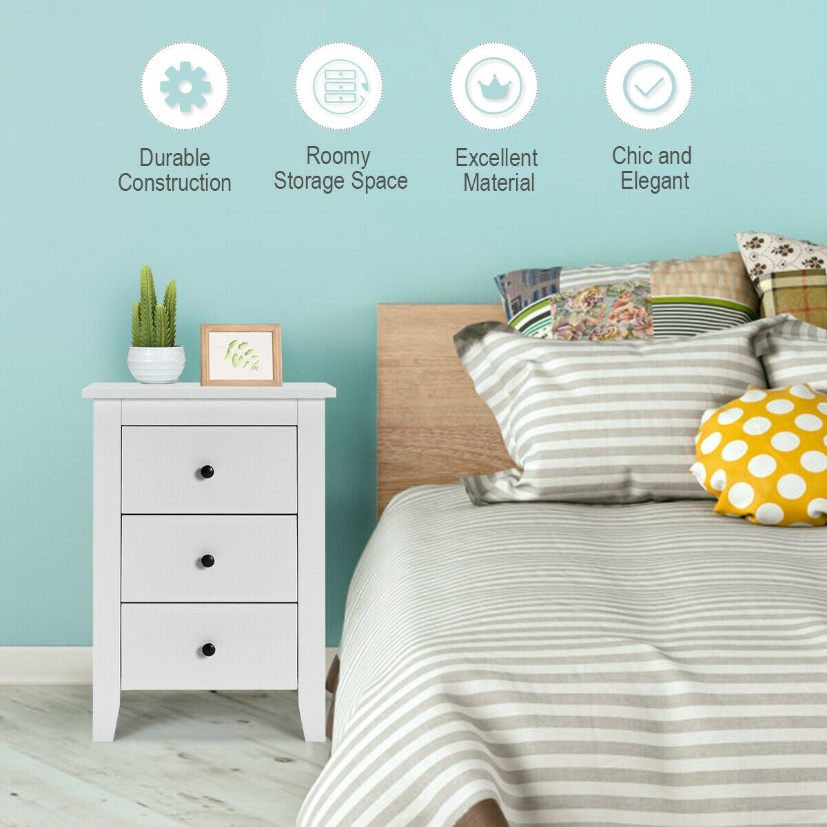 Modern Nightstand with 3 Drawers Bedroom Storage End Table White