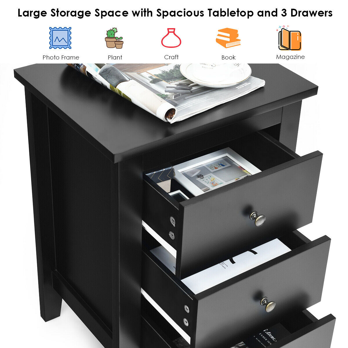 Modern Nightstand with 3 Drawers Bedroom Storage End Table Black