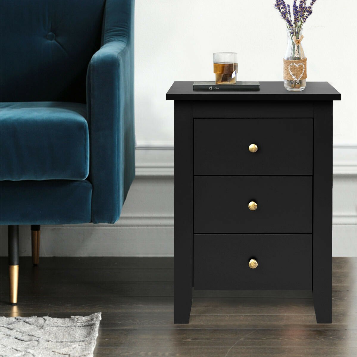 Modern Nightstand with 3 Drawers Bedroom Storage End Table Black