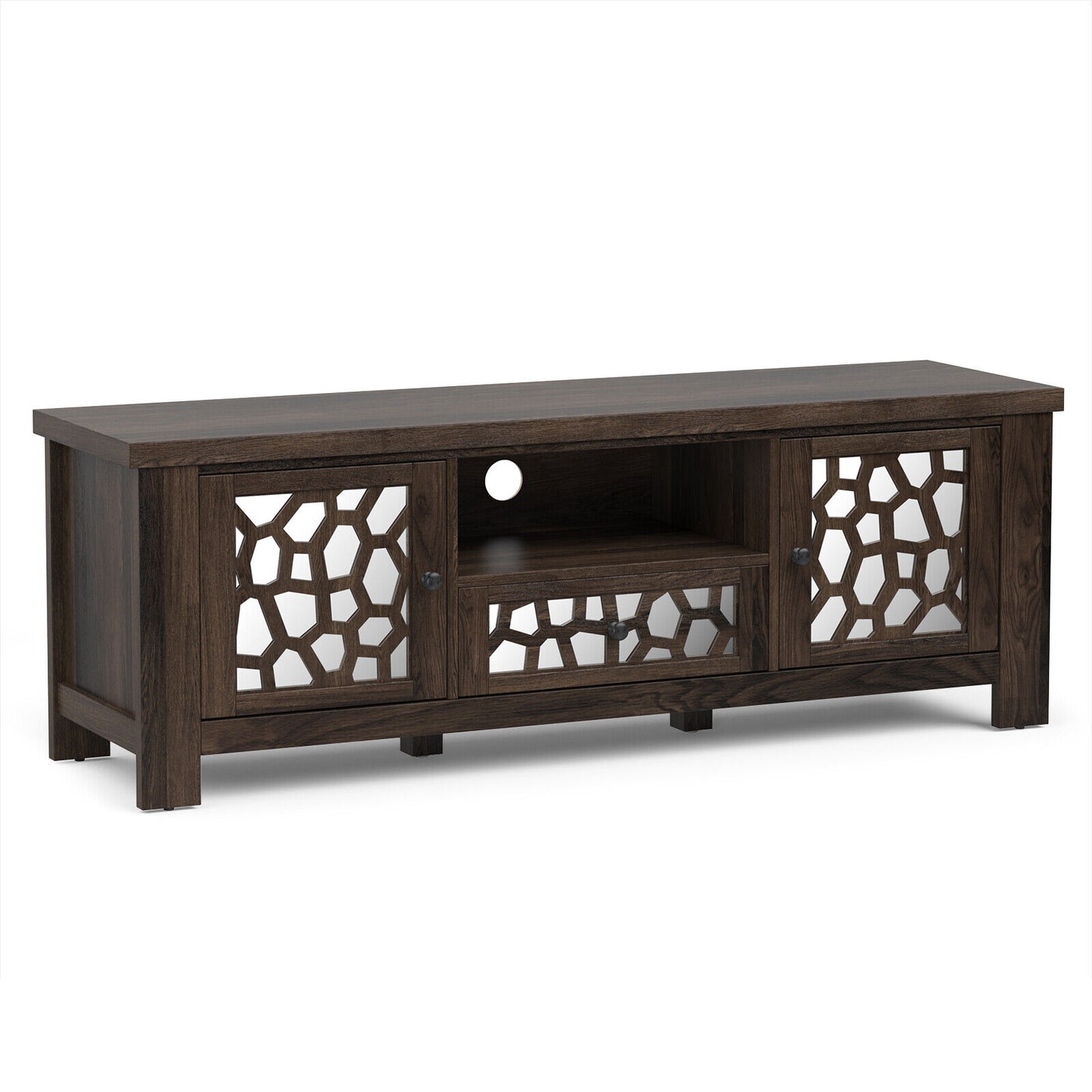 Retro TV Stand with Mirrored Doors and Storage Drawer for TVs up to 60 Inches – Dark Brown