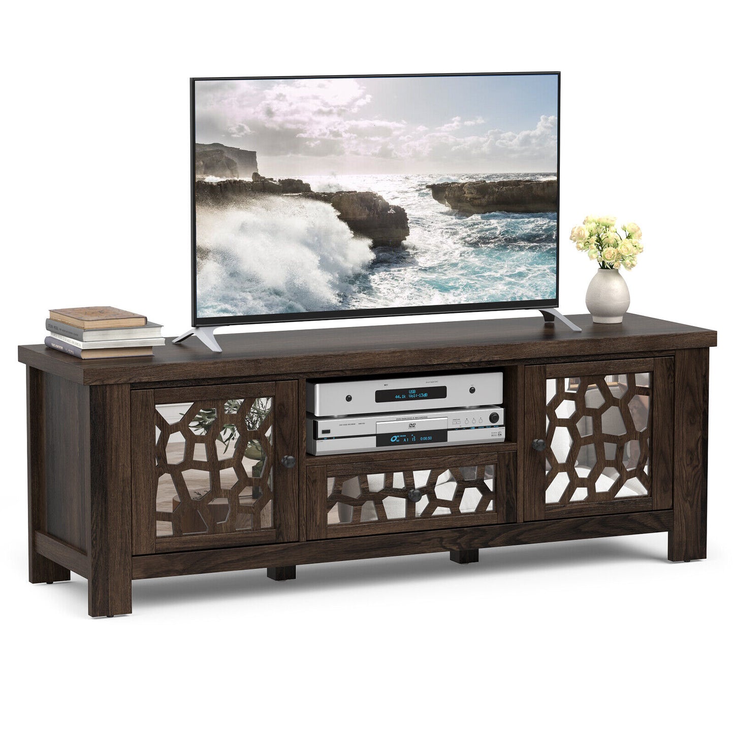 Retro TV Stand with Mirrored Doors and Storage Drawer for TVs up to 60 Inches – Dark Brown
