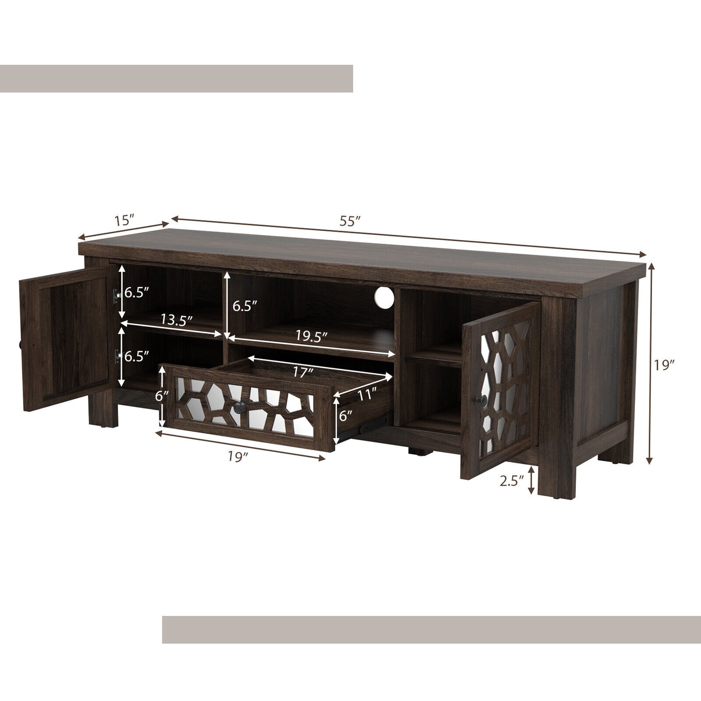 Retro TV Stand with Mirrored Doors and Storage Drawer for TVs up to 60 Inches – Dark Brown