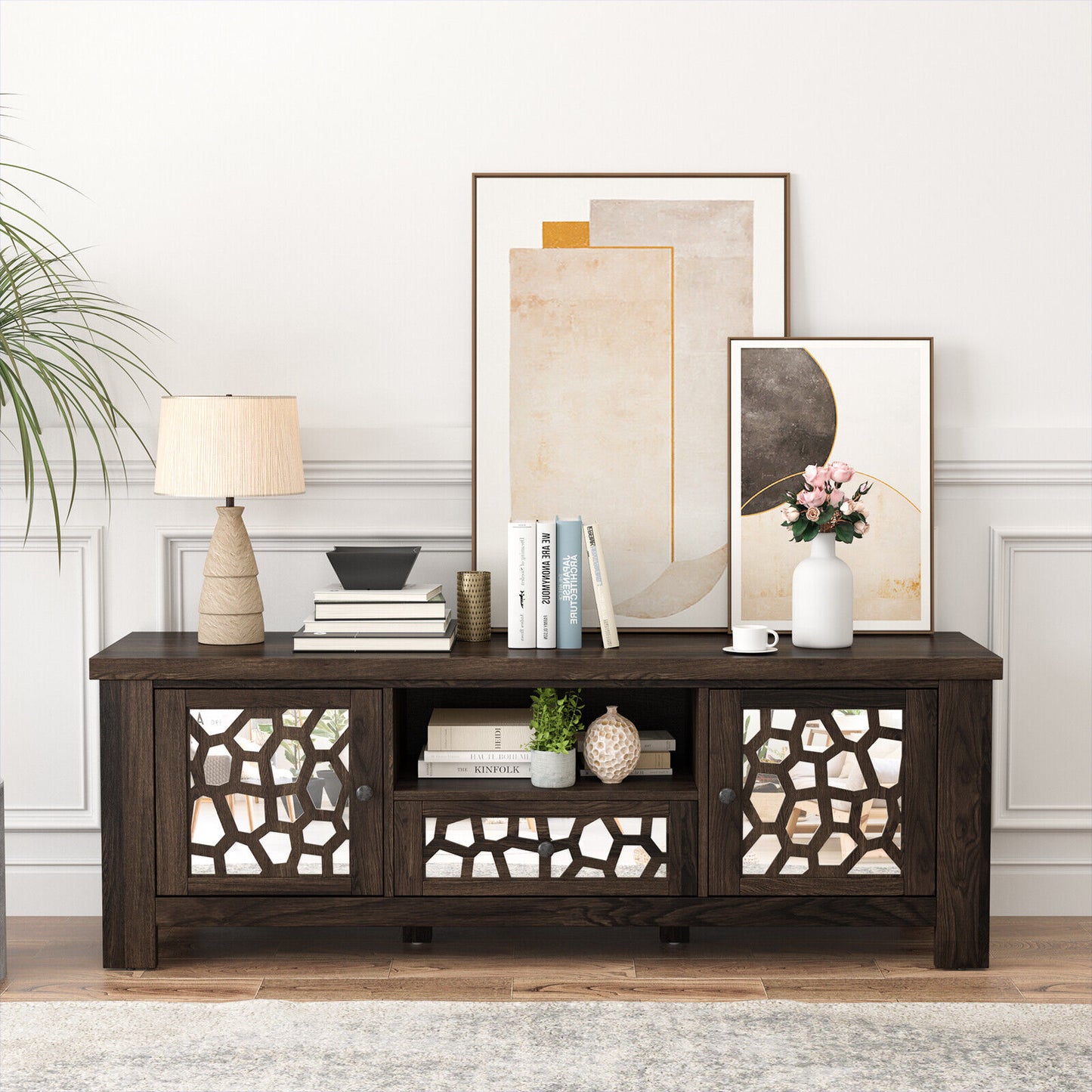 Retro TV Stand with Mirrored Doors and Storage Drawer for TVs up to 60 Inches – Dark Brown
