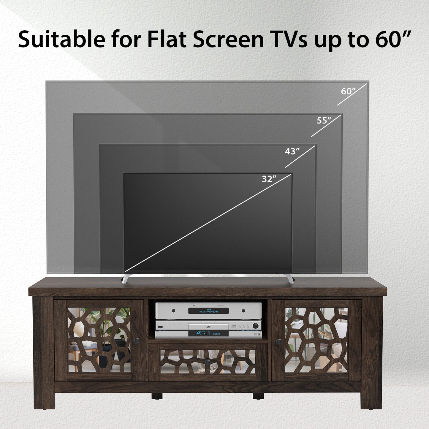 Retro TV Stand with Mirrored Doors and Storage Drawer for TVs up to 60 Inches – Dark Brown
