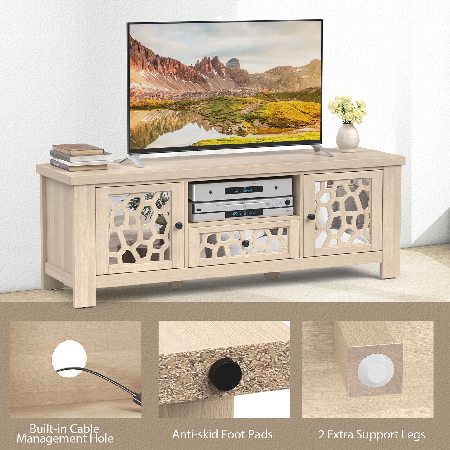 Retro TV Stand with Mirrored Doors and Storage Drawer for TVs up to 60 Inches – Natural