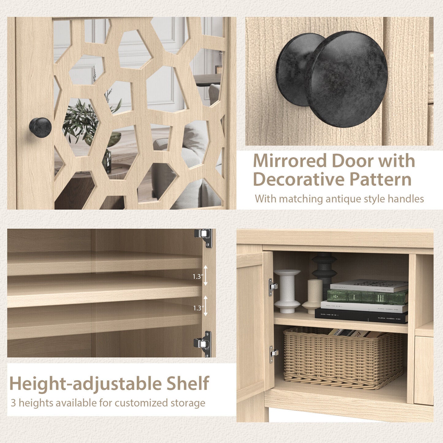 Retro TV Stand with Mirrored Doors and Storage Drawer for TVs up to 60 Inches – Natural