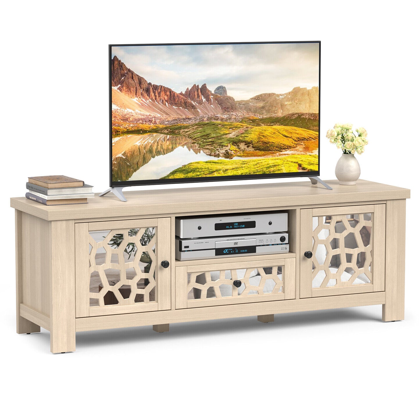 Retro TV Stand with Mirrored Doors and Storage Drawer for TVs up to 60 Inches – Natural