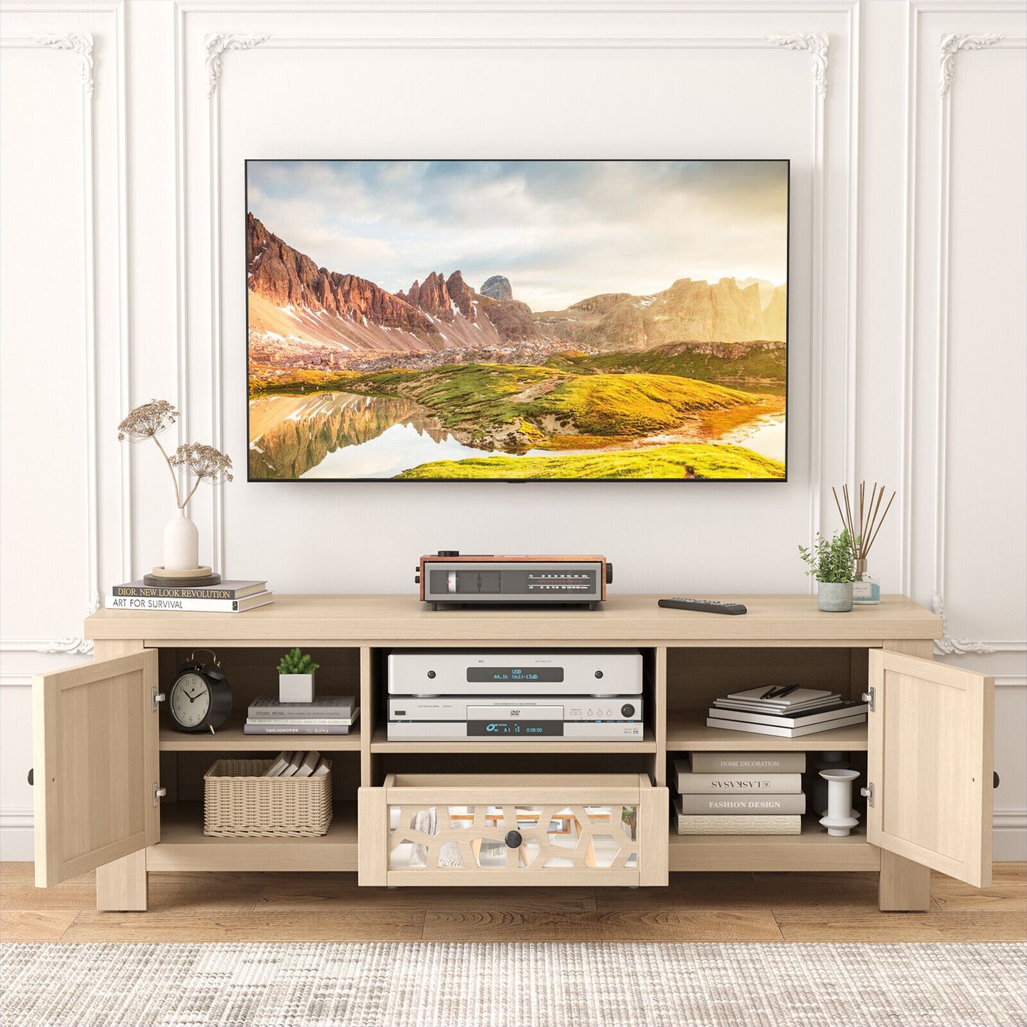 Retro TV Stand with Mirrored Doors and Storage Drawer for TVs up to 60 Inches – Natural