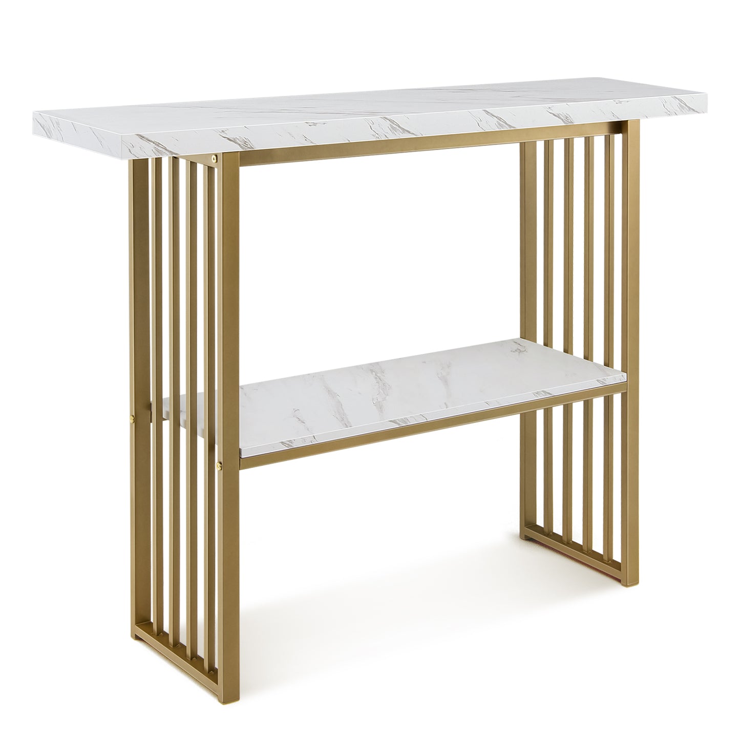 2-Tier 48 Inch Console Table with Gold Frame and Faux Marble Shelves