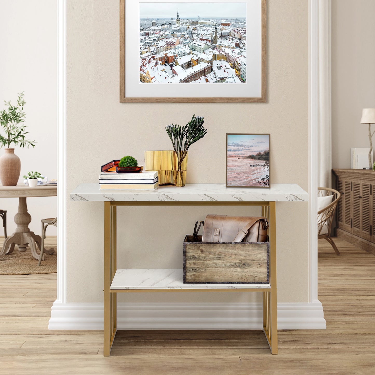 2-Tier 48 Inch Console Table with Gold Frame and Faux Marble Shelves
