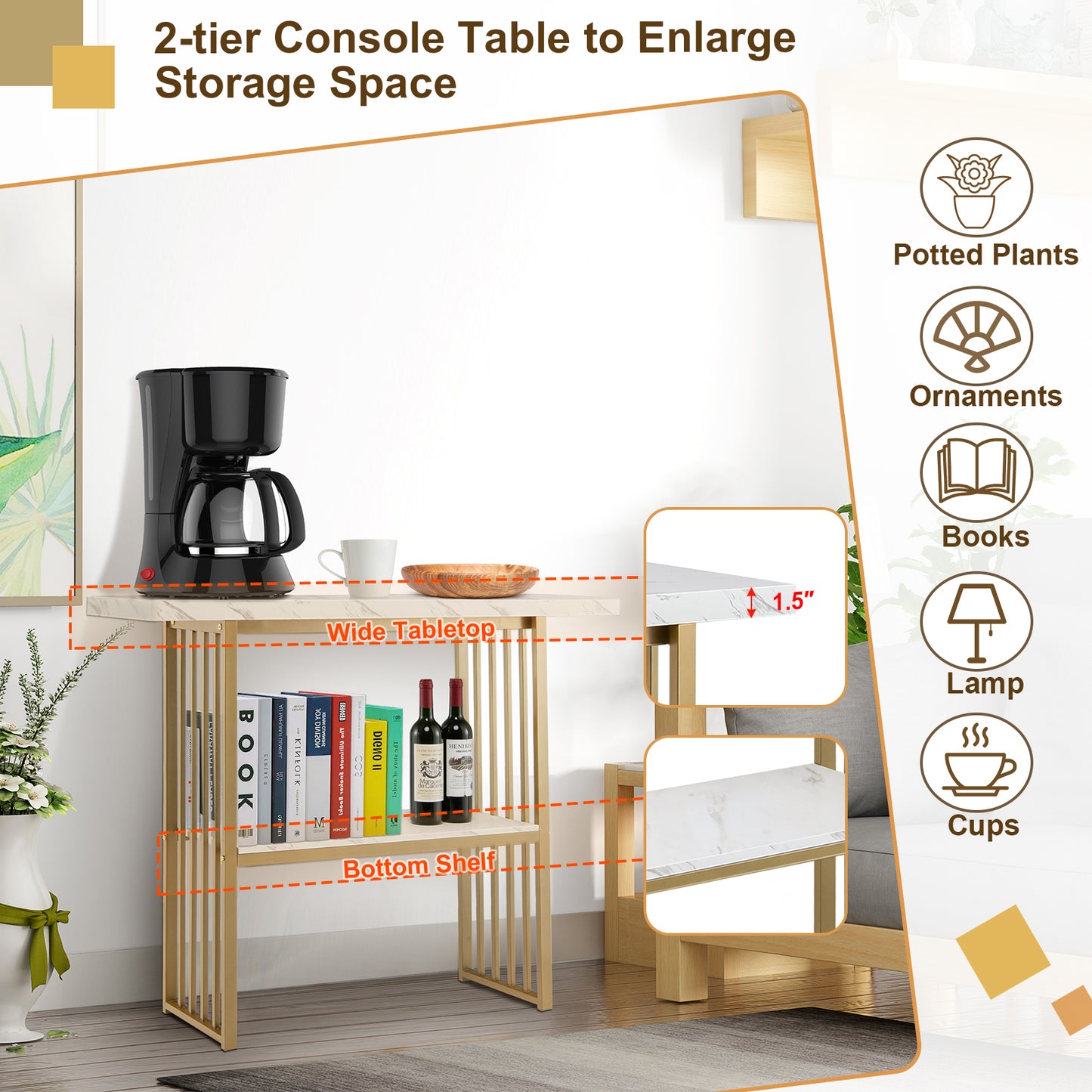 2-Tier 48 Inch Console Table with Gold Frame and Faux Marble Shelves