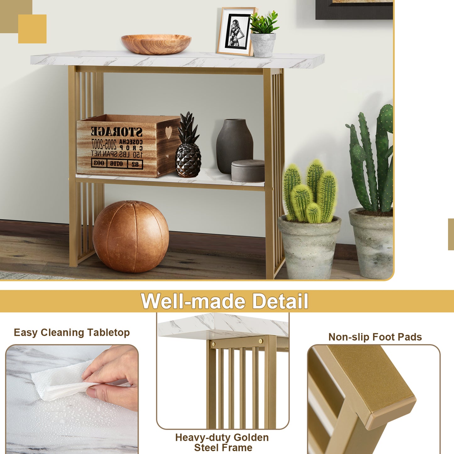 2-Tier 48 Inch Console Table with Gold Frame and Faux Marble Shelves