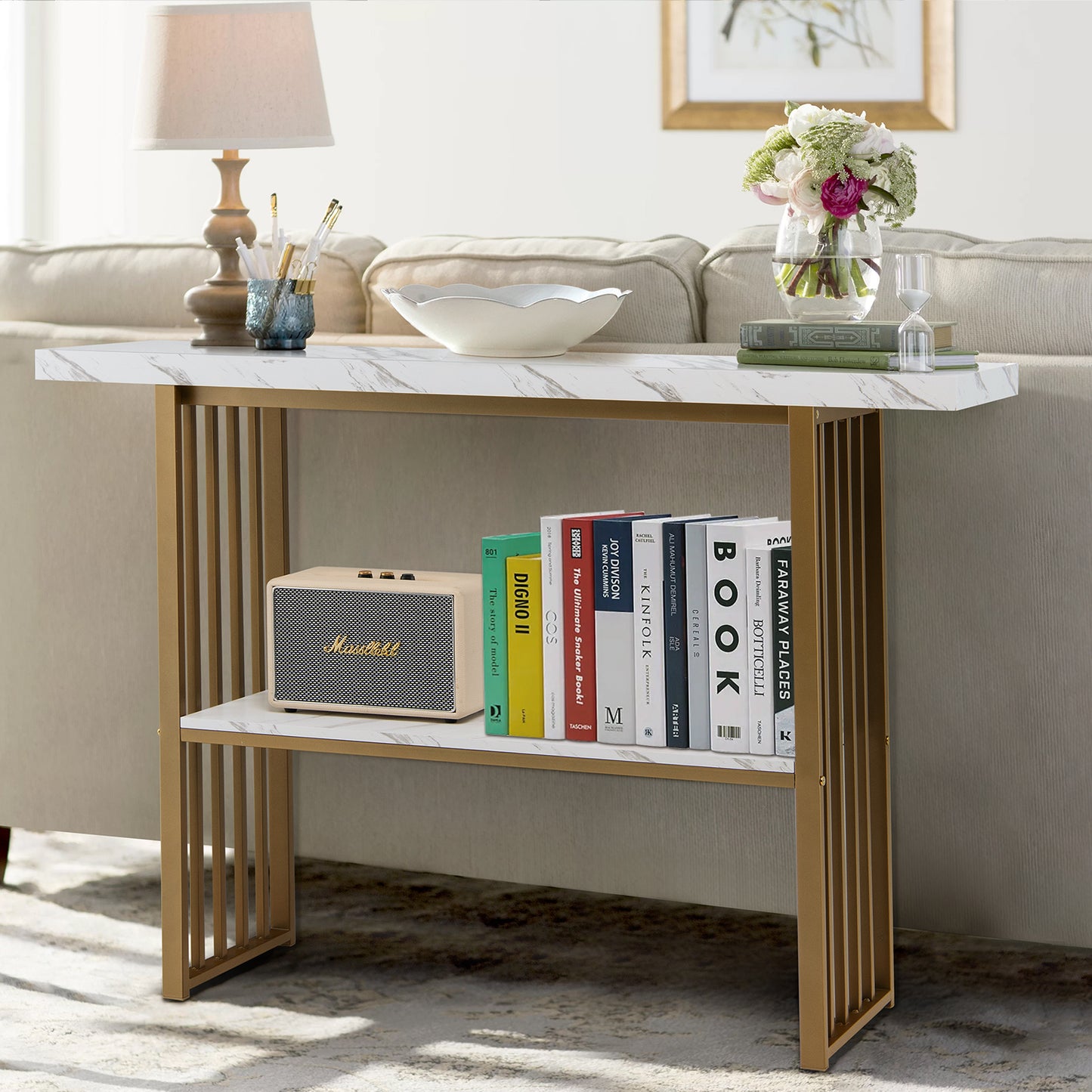 2-Tier 48 Inch Console Table with Gold Frame and Faux Marble Shelves
