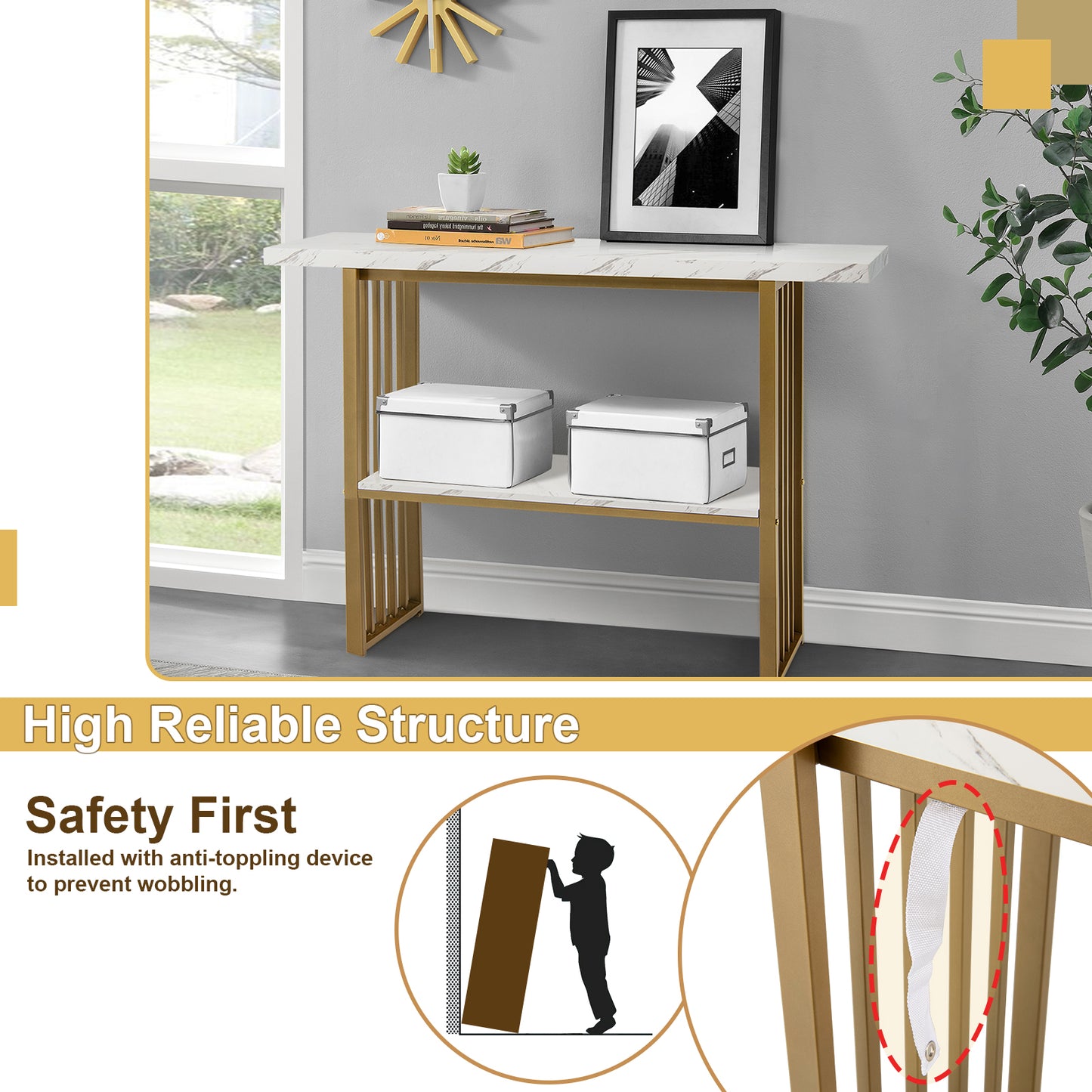 2-Tier 48 Inch Console Table with Gold Frame and Faux Marble Shelves