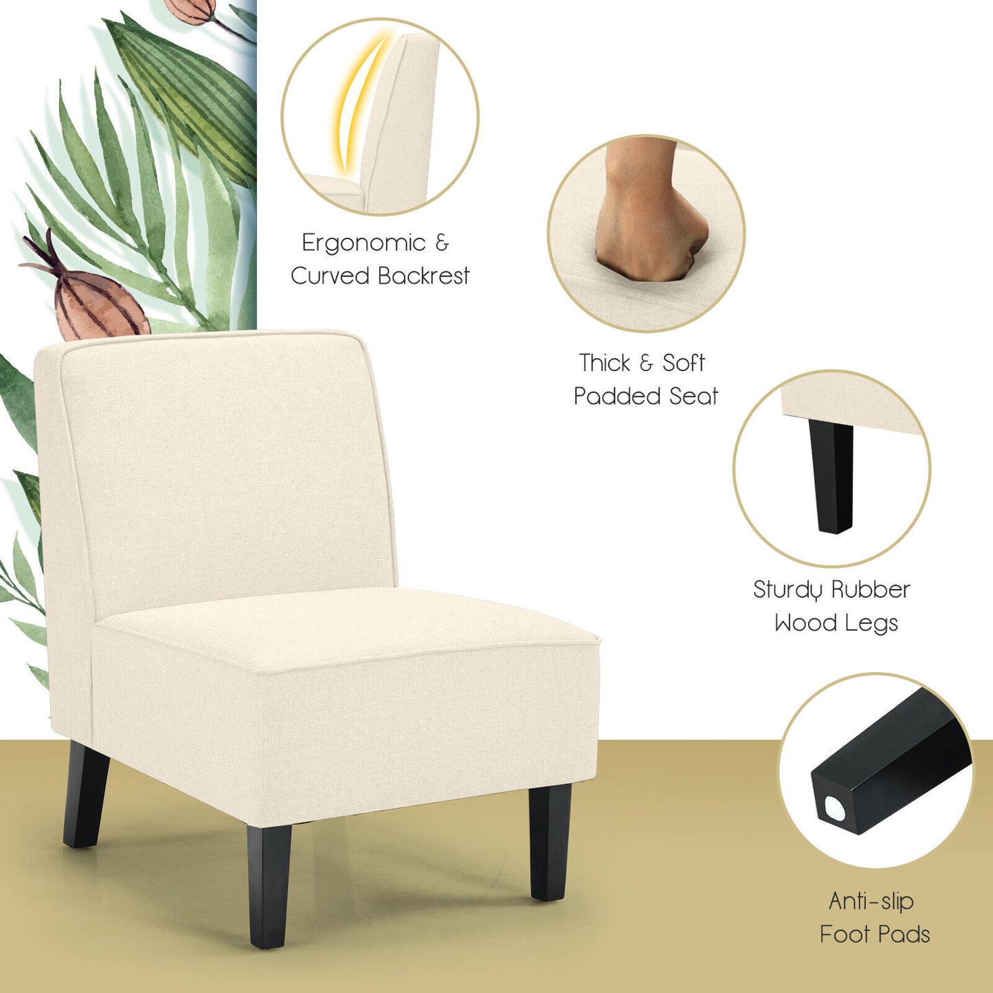 Contemporary Armless Accent Chair with Linen Fabric and Wood Base Beige