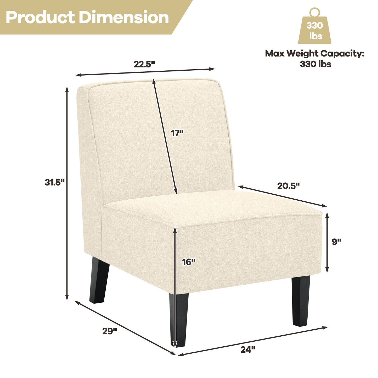 Contemporary Armless Accent Chair with Linen Fabric and Wood Base Beige
