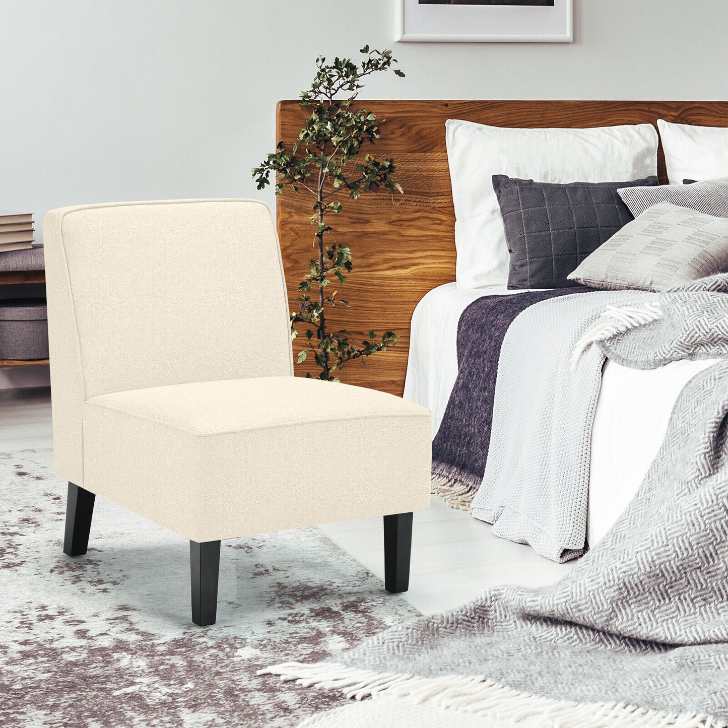 Contemporary Armless Accent Chair with Linen Fabric and Wood Base Beige