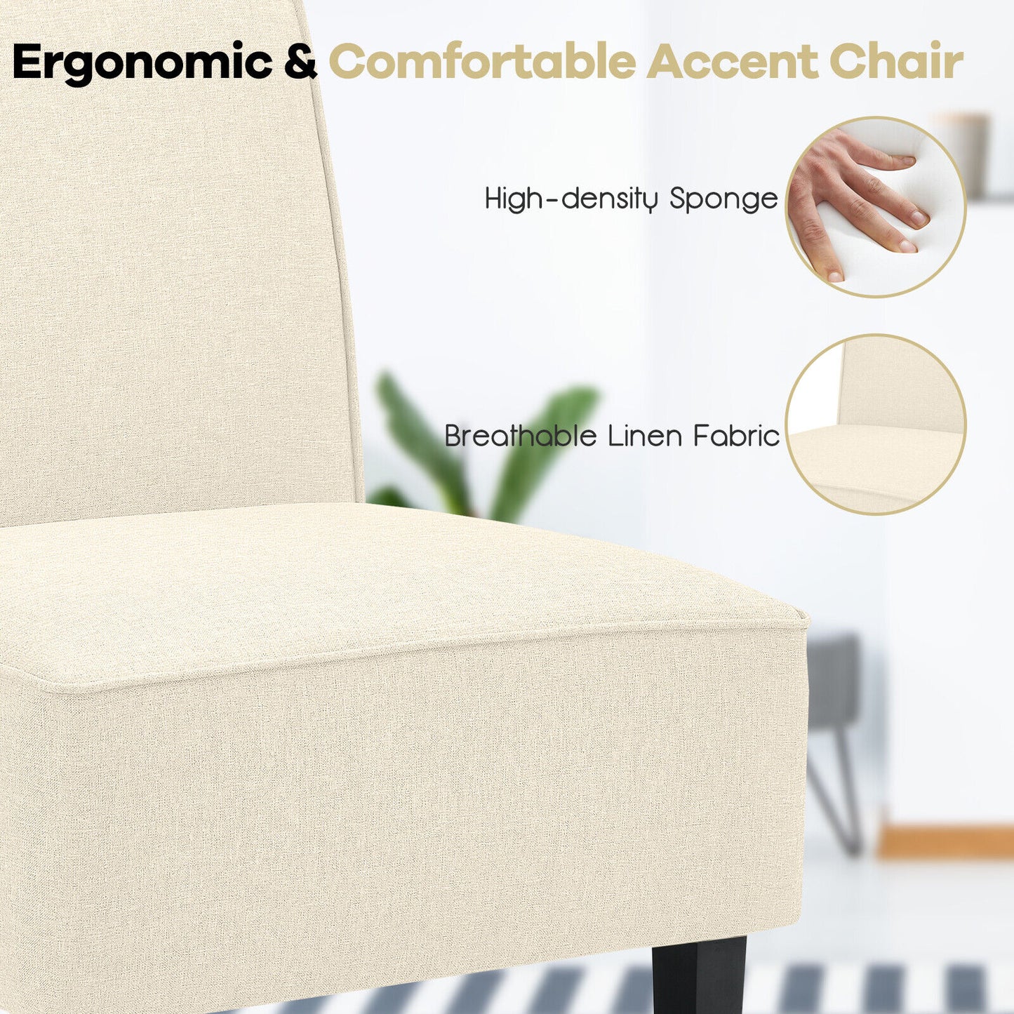 Contemporary Armless Accent Chair with Linen Fabric and Wood Base Beige
