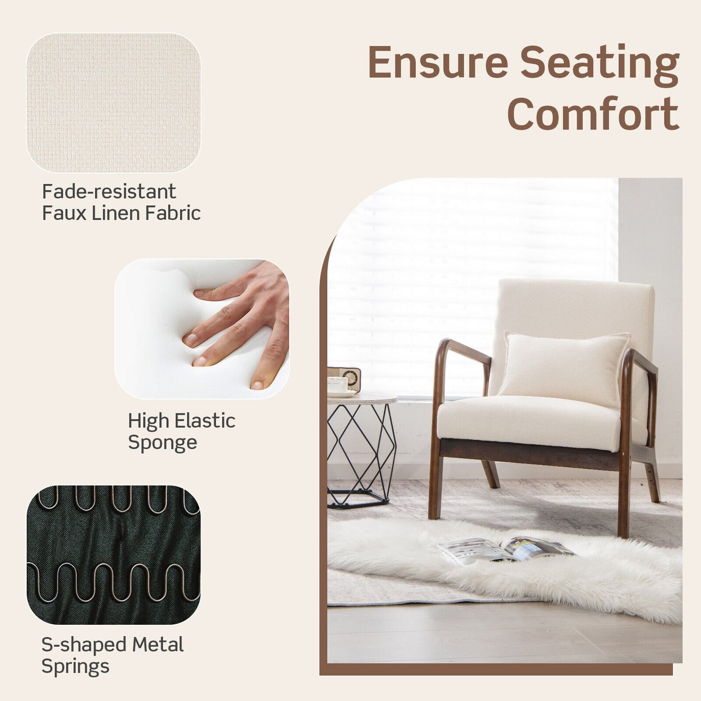 Comfort Accent Chair with Rubber Wood Base and Lumbar Cushion - Beige