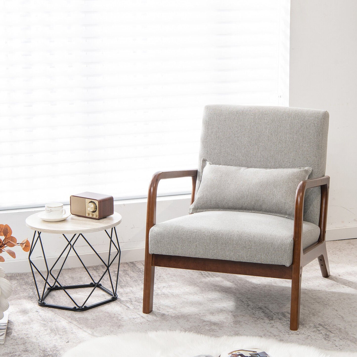 Comfort Accent Chair with Rubber Wood Base and Lumbar Cushion - Grey