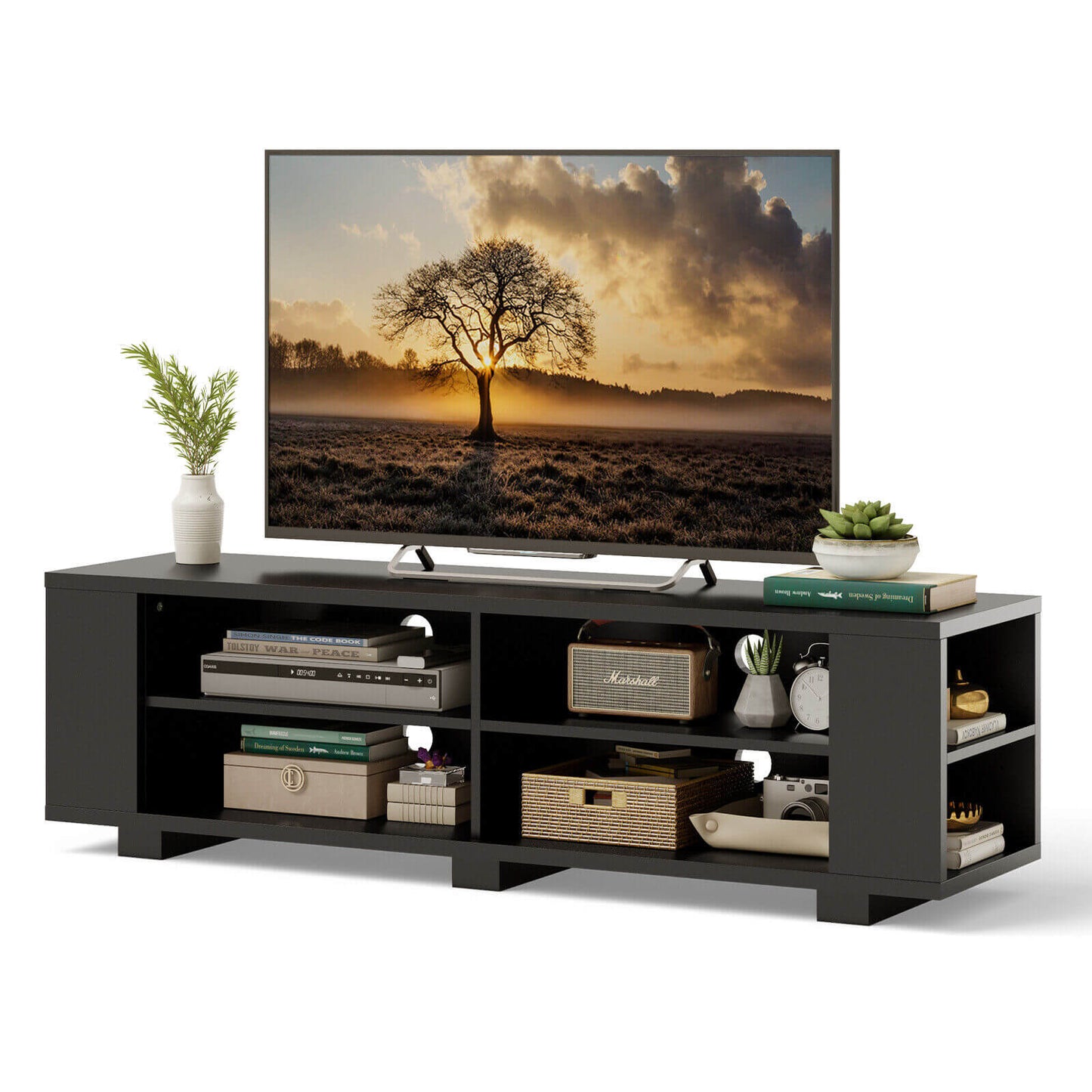 Modern 59 Inch Media Console with Adjustable Open Shelves for TVs up to 65 Inches in Black